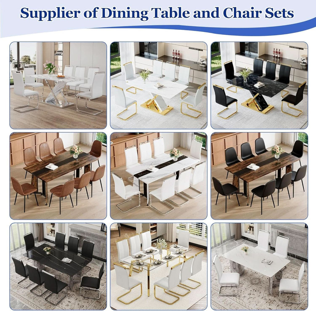 Juego de comedor para seis personas, mesa con tope de mármol blanco de 71 pulgadas y sillas de cuero