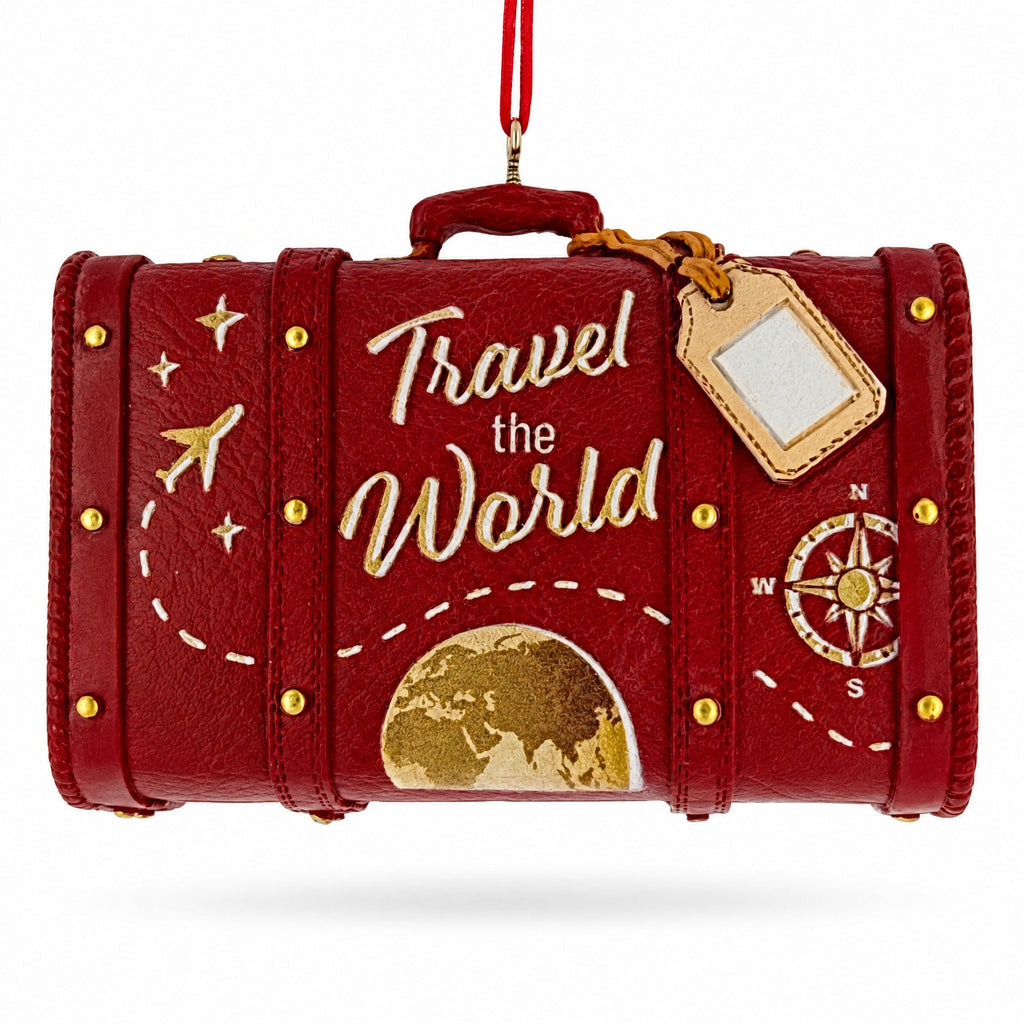 Travel The World Red Vintage Suitcase Luggage Resin Christmas Ornament