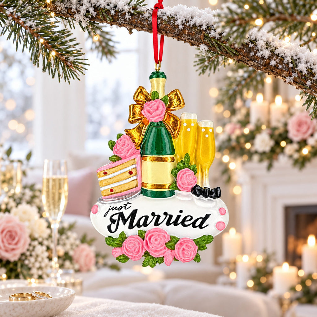 Just Married Champagne Flutes And Cake Resin Christmas Ornament
