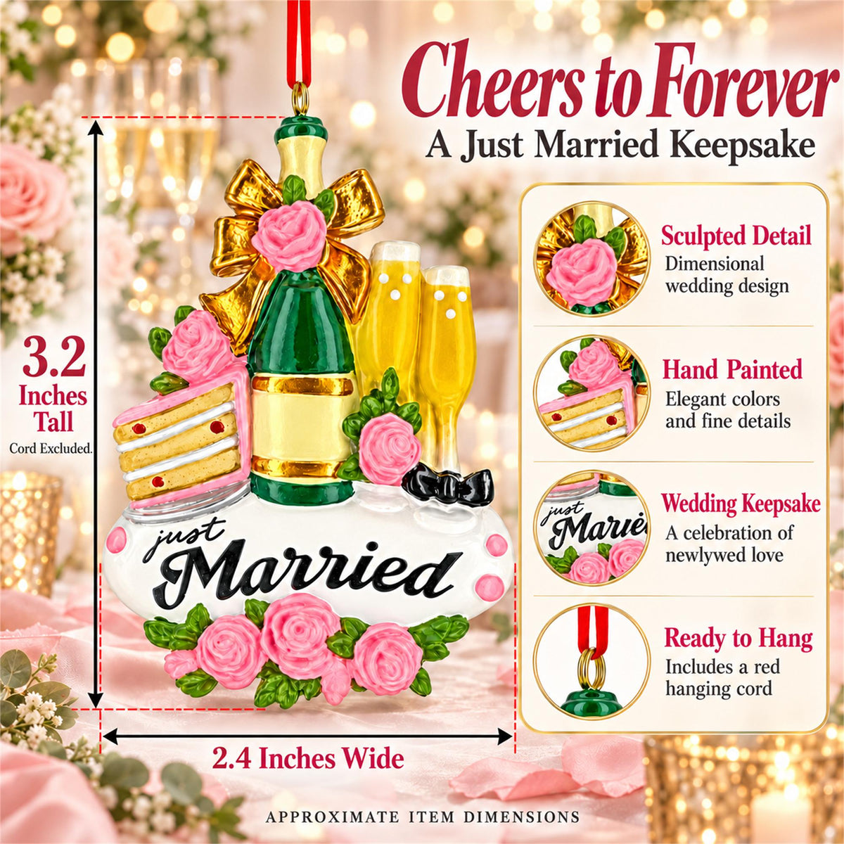 Just Married Champagne Flutes And Cake Resin Christmas Ornament