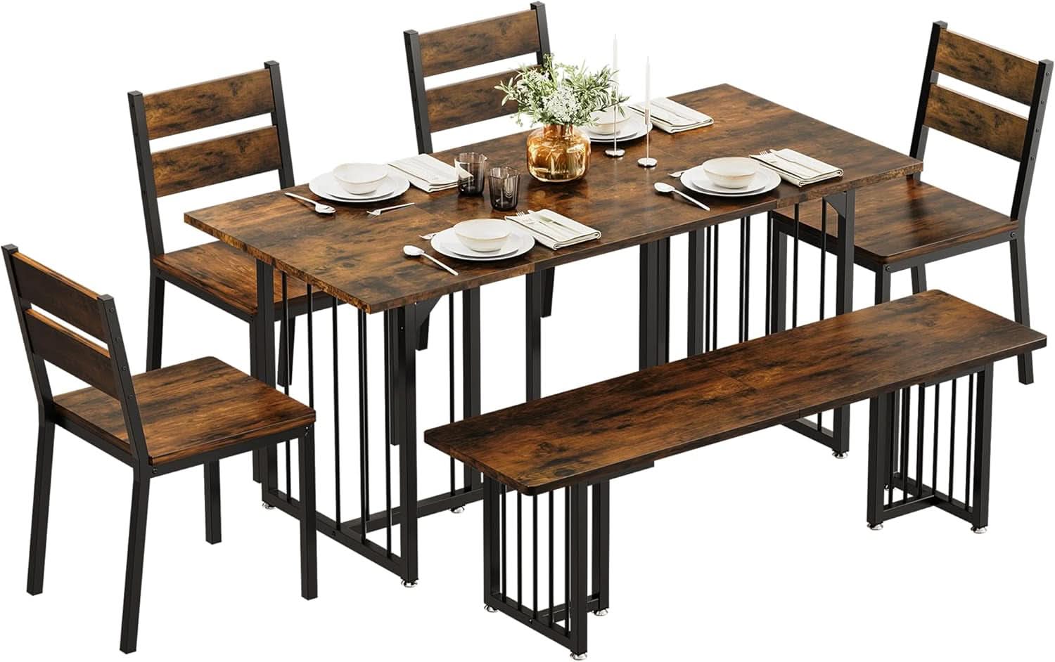 63 Inches Luxurious Farmhouse Dining Table Set Walnut