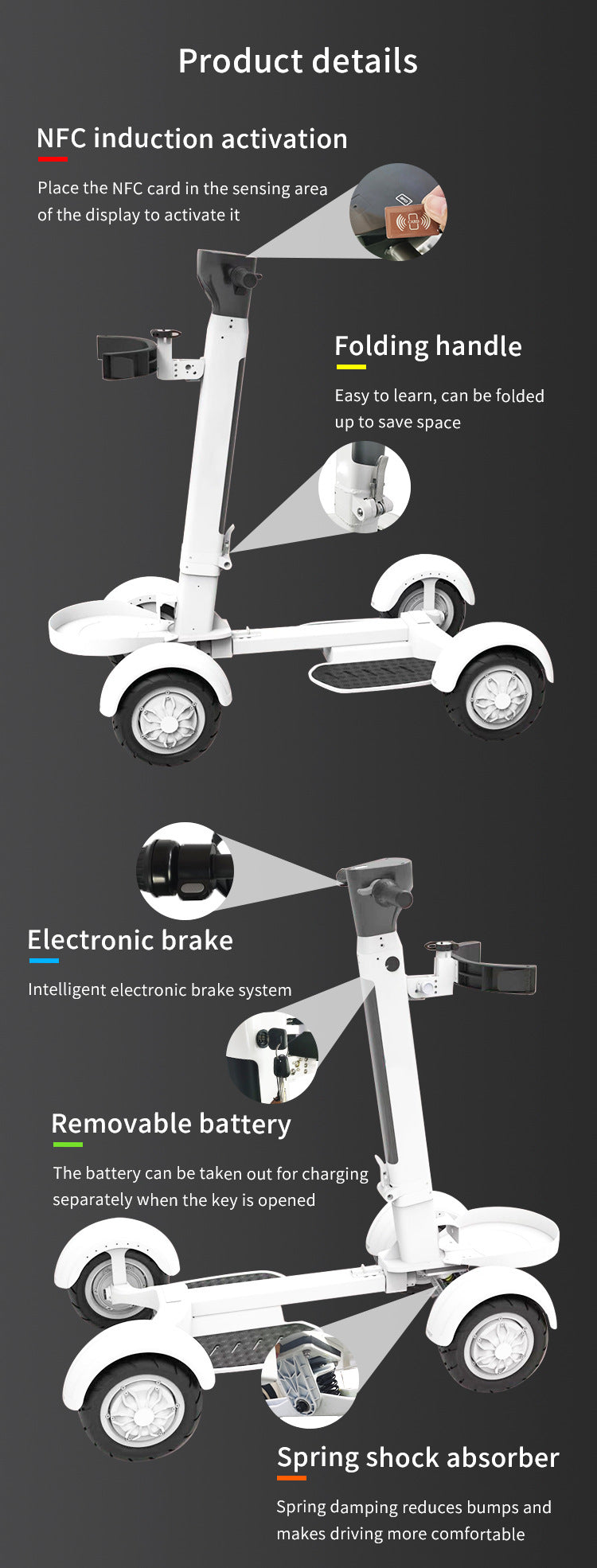 Patinete eléctrico plegable de cuatro ruedas para campo de golf, ligero y con tabla larga