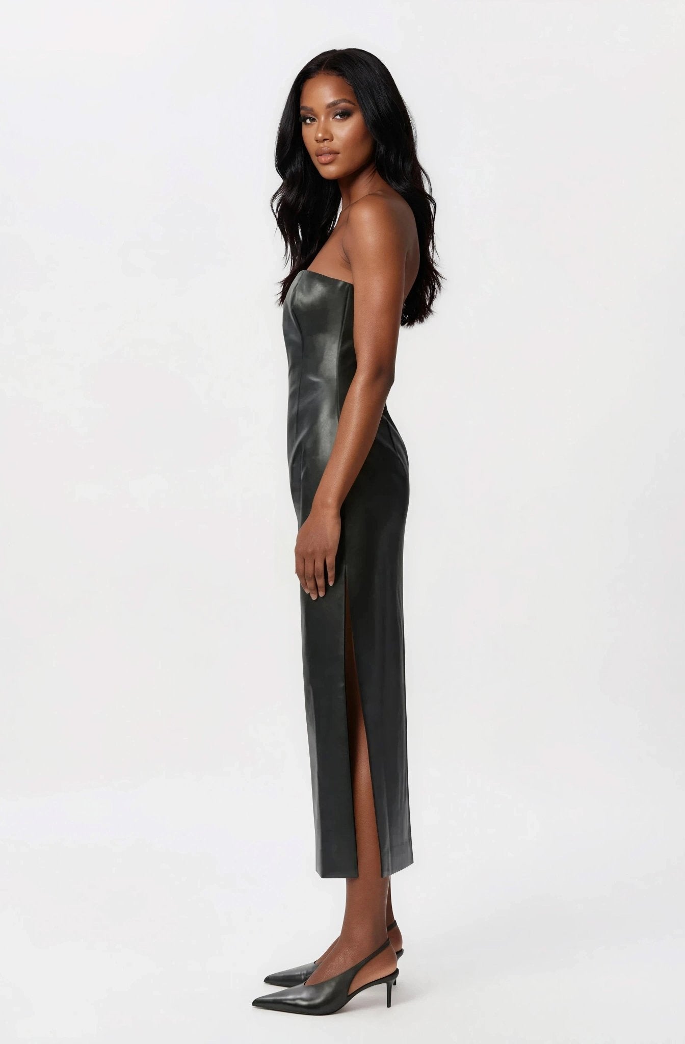 Eleni Vegan Leather Midi Dress - Black