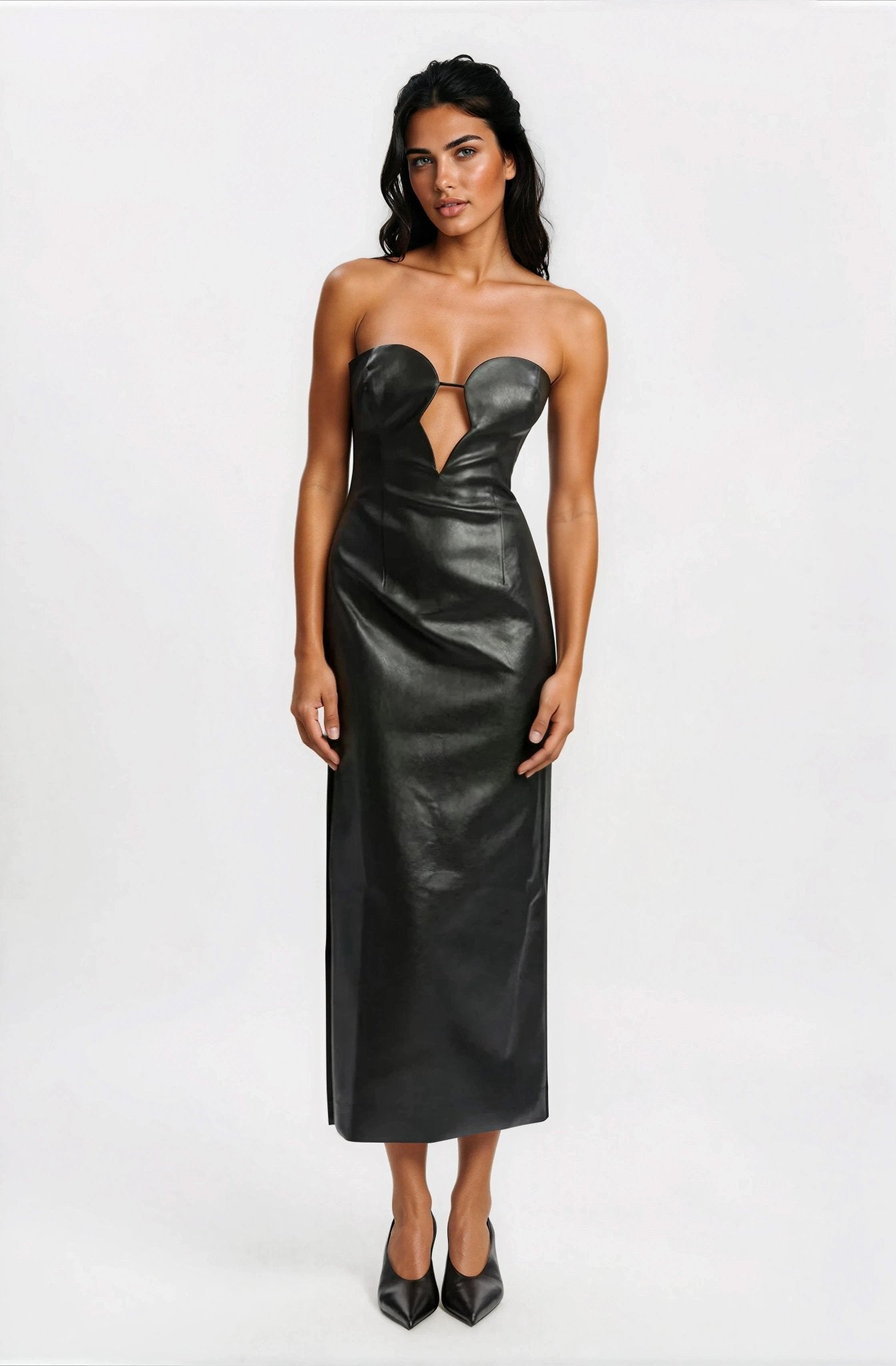Eleni Vegan Leather Midi Dress - Black