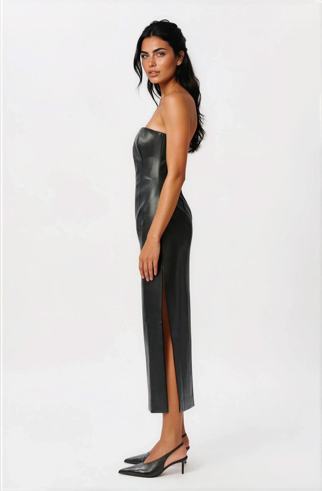 Eleni Vegan Leather Midi Dress - Black