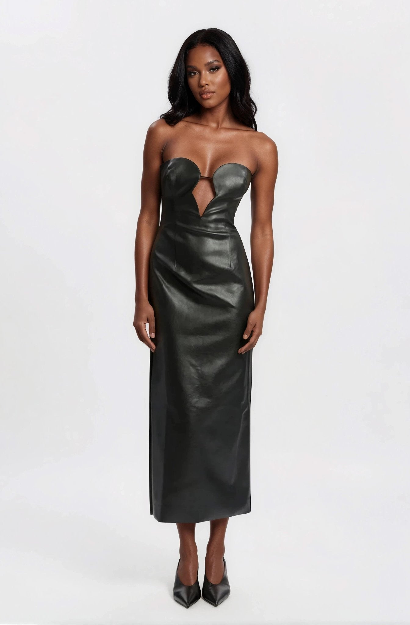 Eleni Vegan Leather Midi Dress - Black
