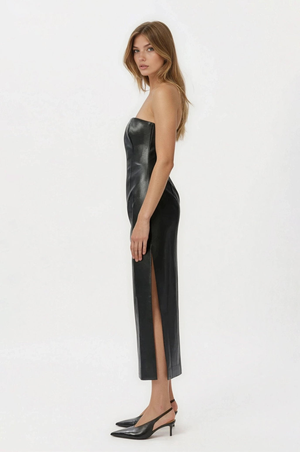 Eleni Vegan Leather Midi Dress - Black