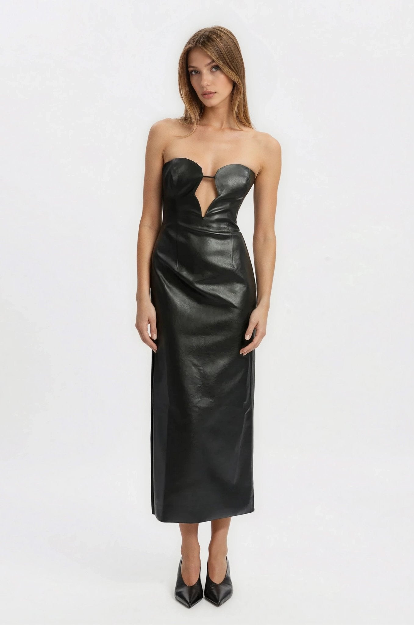 Eleni Vegan Leather Midi Dress - Black