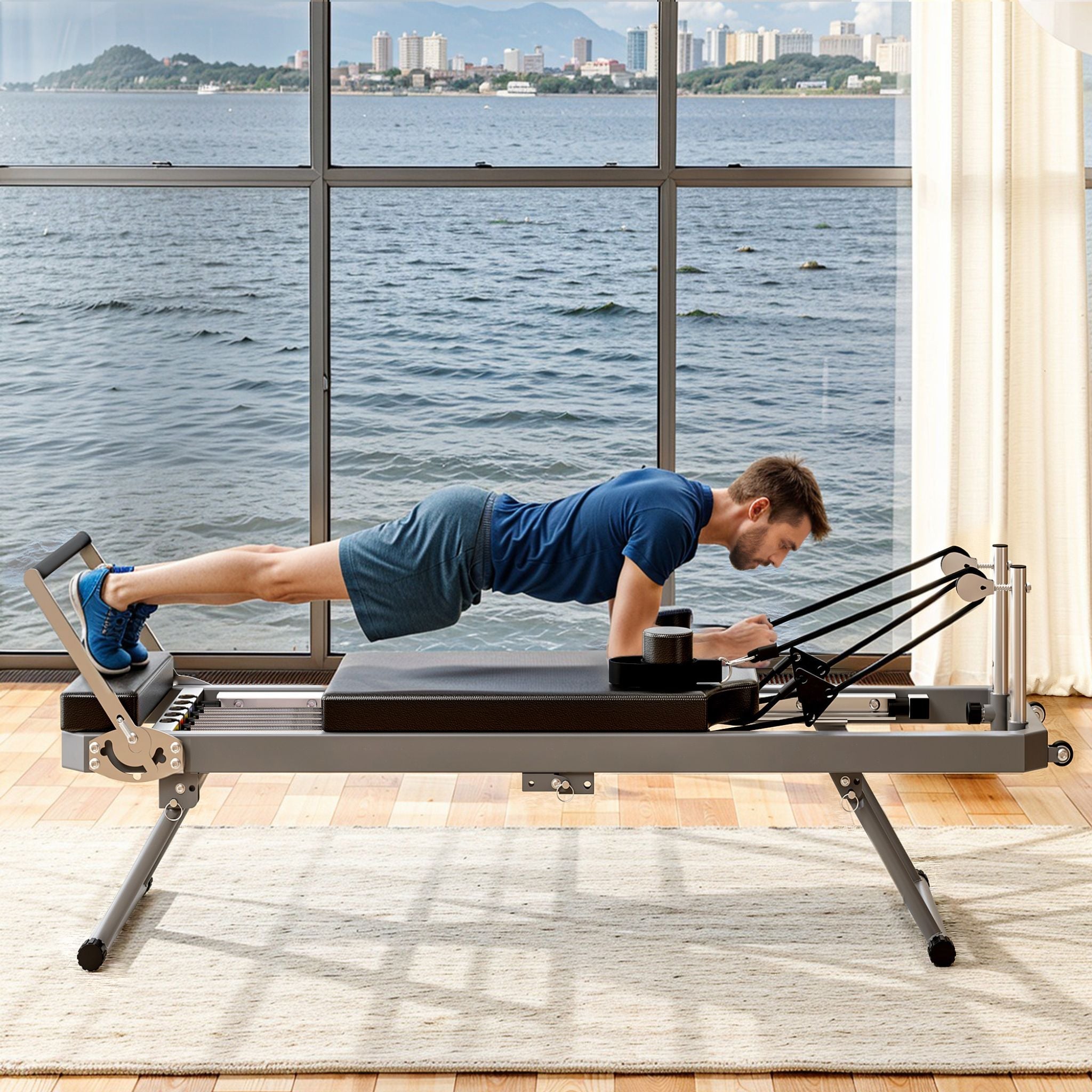 Máquina de Reformador de Pilates Core Pilates Extra Grande Multifuncional con Cuerdas de Resistencia Dinámica y Rebotador Aeróbico, Negra (SAK32879)
