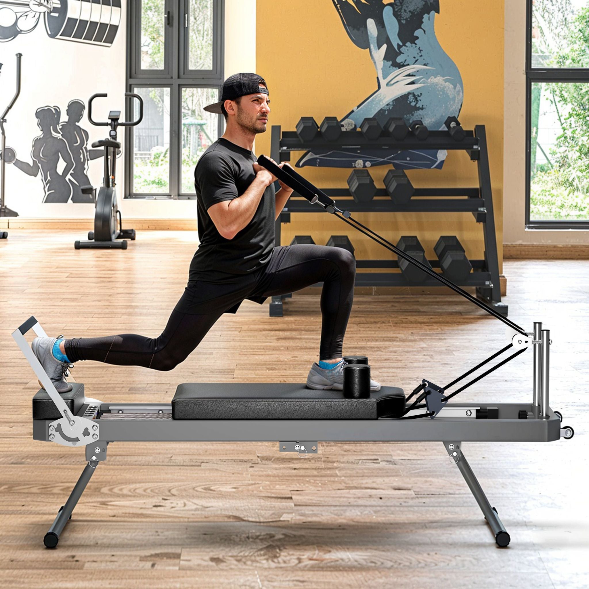 Máquina de Reformador de Pilates Core Pilates Extra Grande Multifuncional con Cuerdas de Resistencia Dinámica y Rebotador Aeróbico, Negra (SAK32879)