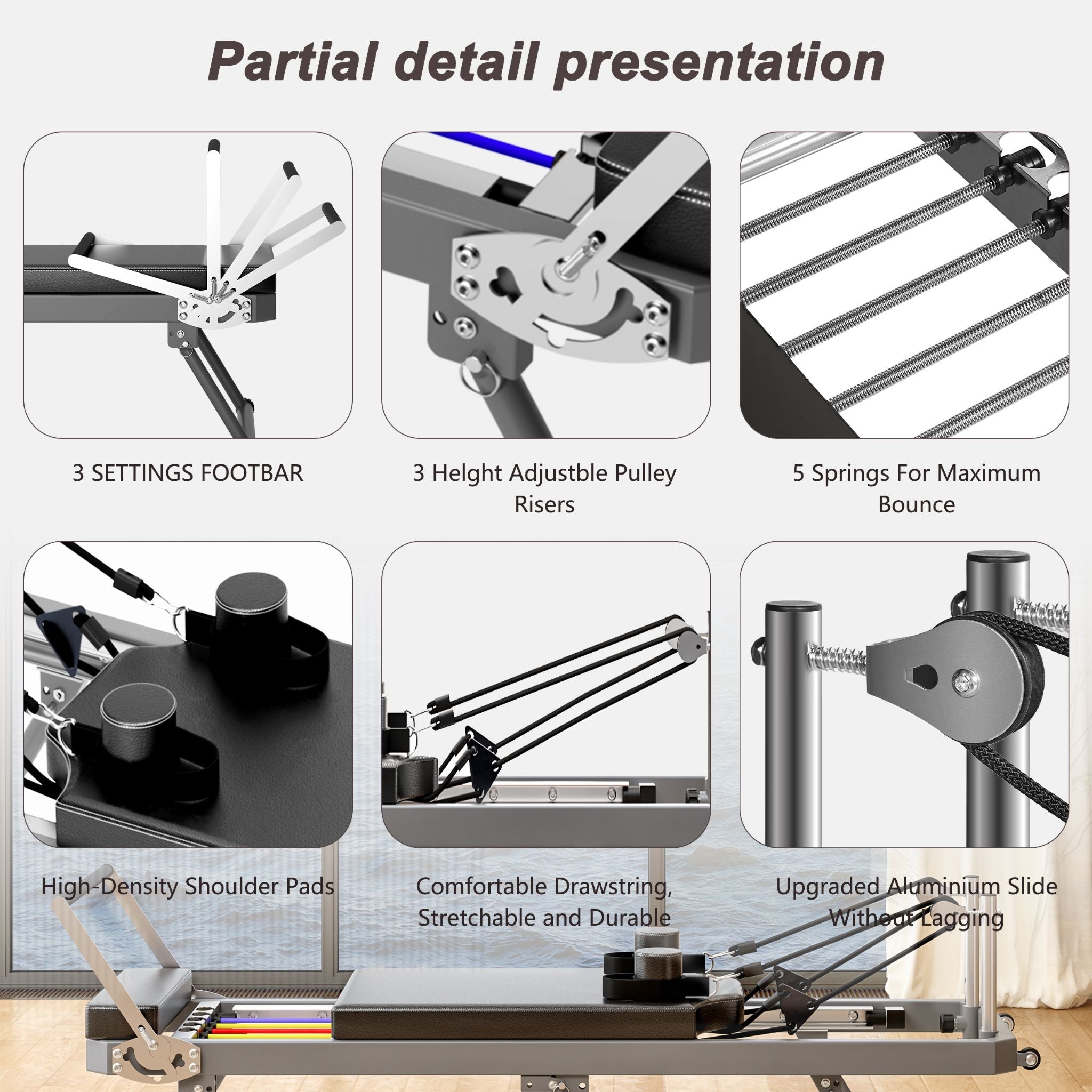 Máquina de Reformador de Pilates Core Pilates Extra Grande Multifuncional con Cuerdas de Resistencia Dinámica y Rebotador Aeróbico, Negra (SAK32879)