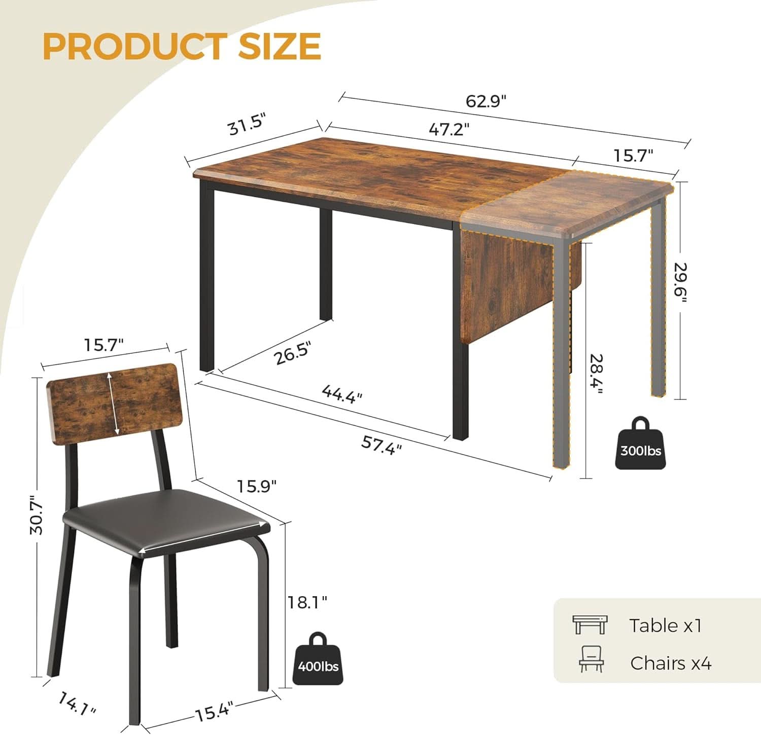 Juego de mesa de comedor extensible de 63 pulgadas, rústico marrón