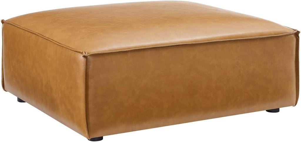 Sofá esquinero contemporáneo de cuero vegano color canela con otomana