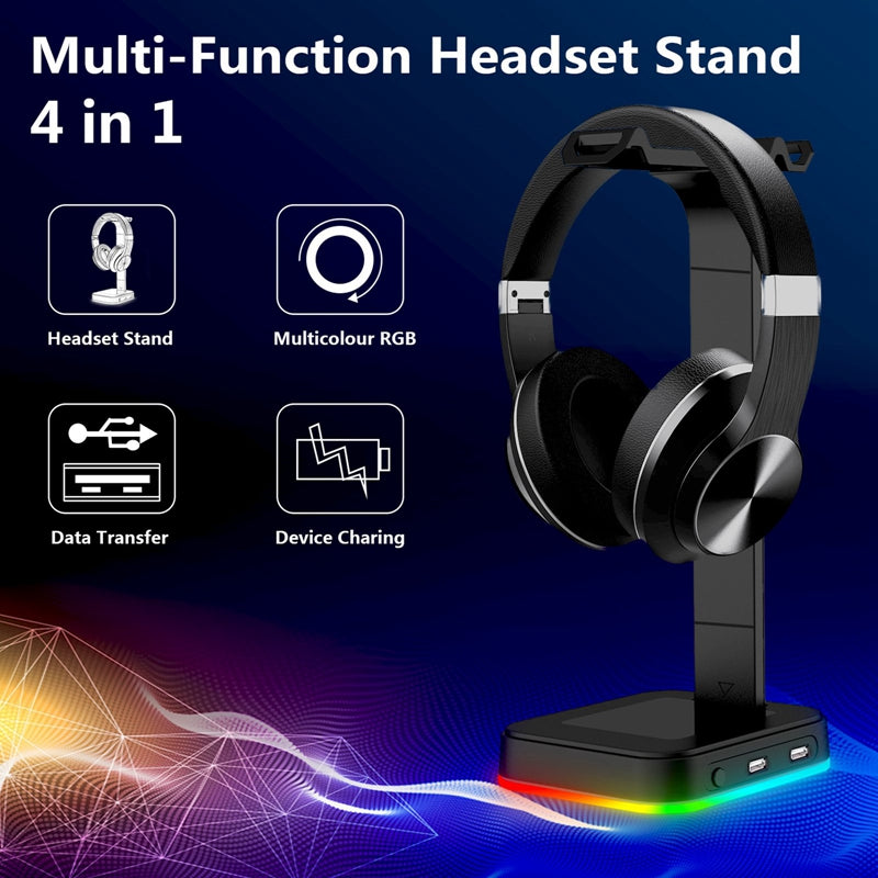 Soporte para auriculares RGB 2 en 1 para ordenador de sobremesa con regleta y 2 puertos USB para carga, colgador de auriculares para juegos