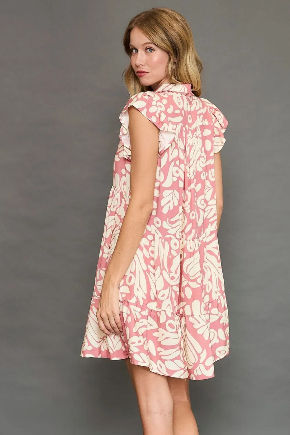 Umgee Full Size Two Tone Printed Ruffled Cap Sleeve Mini Dress Plus Size