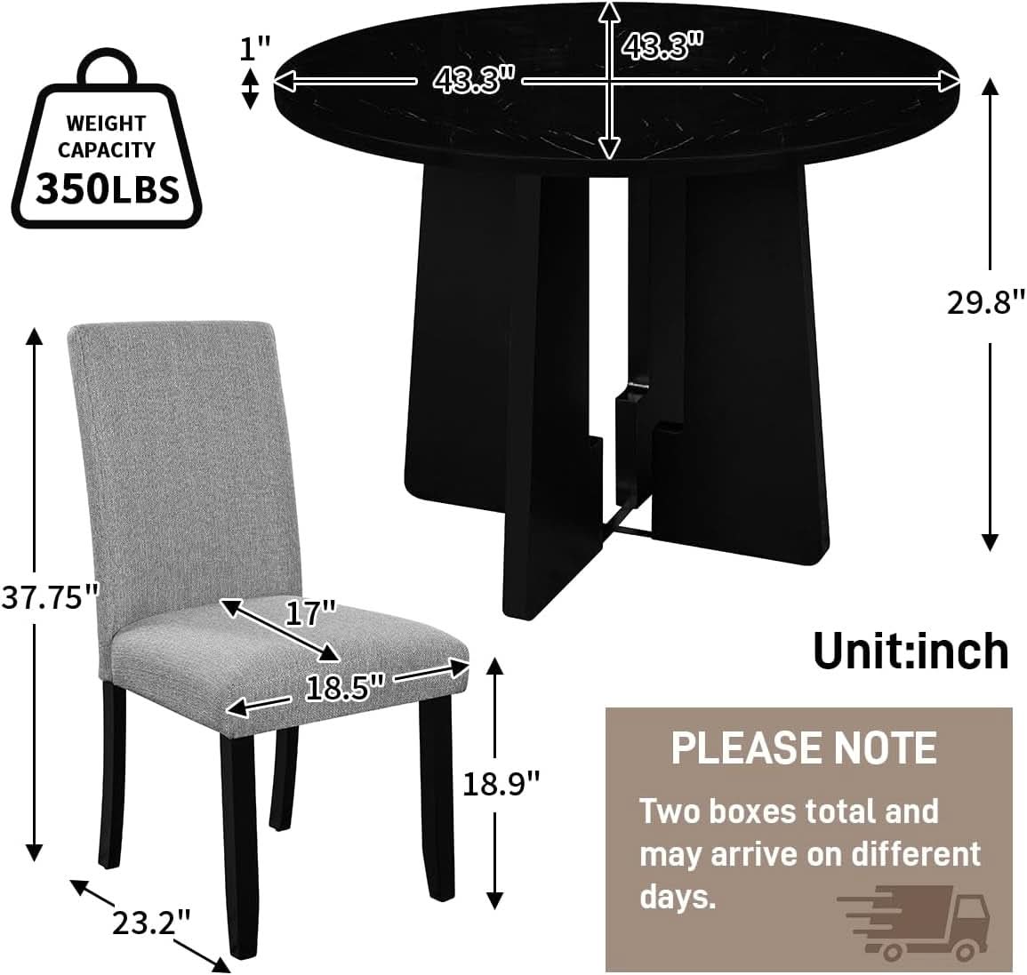 Juego de mesa de comedor redonda sólida de cinco piezas gris y negro