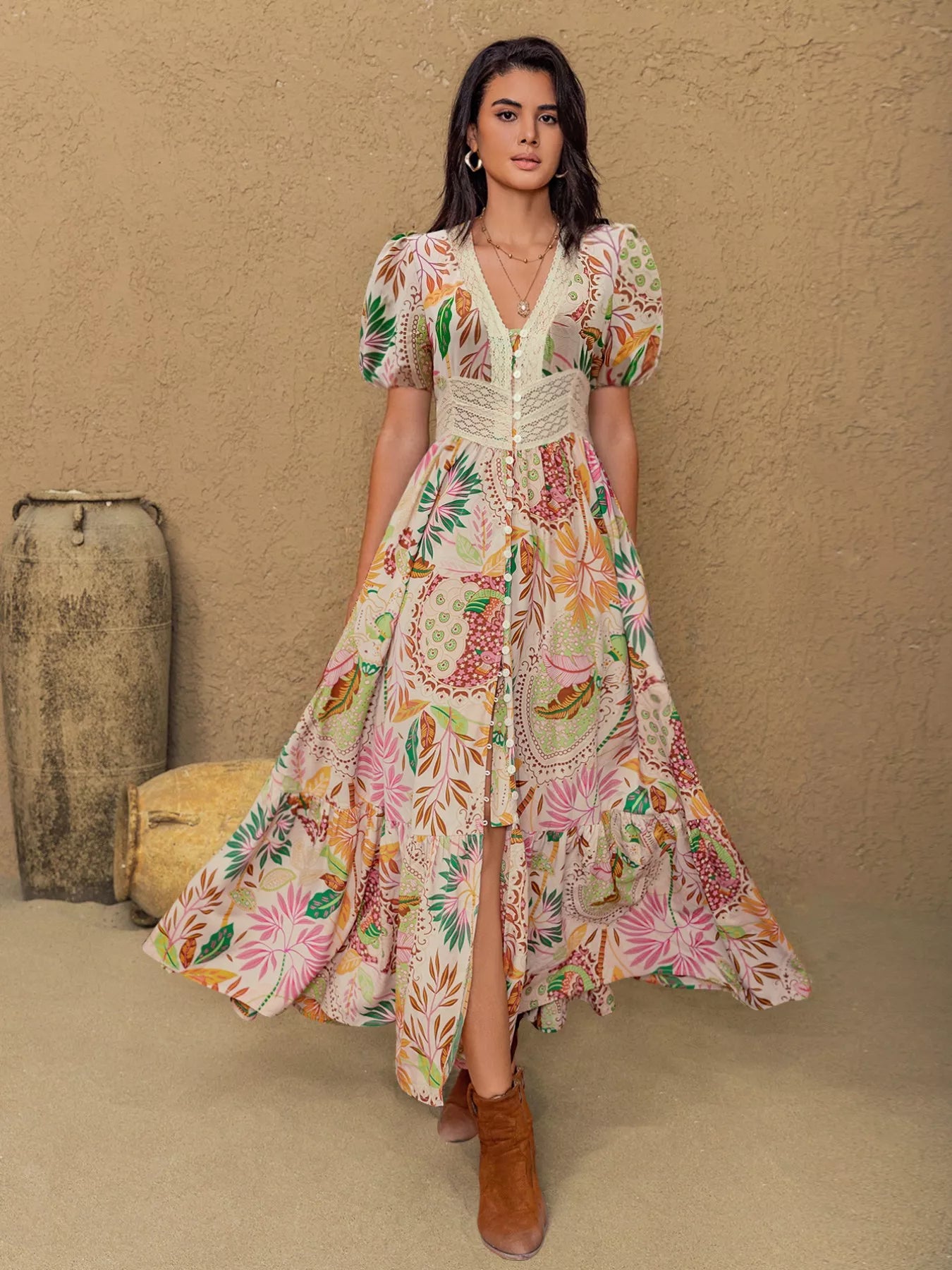 Lace Trim Floral Print Puff Sleeve Dress