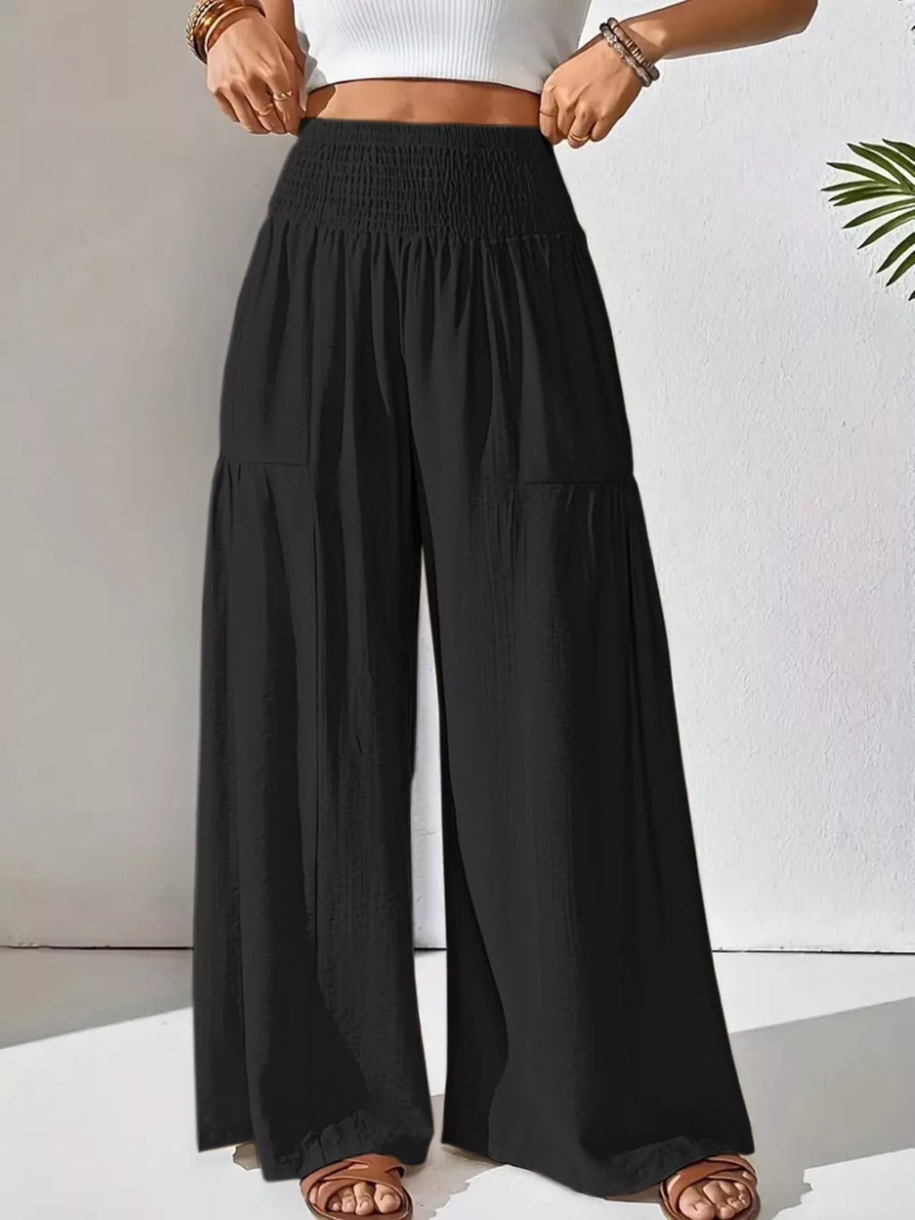 Pantalones de pierna ancha con cintura smock