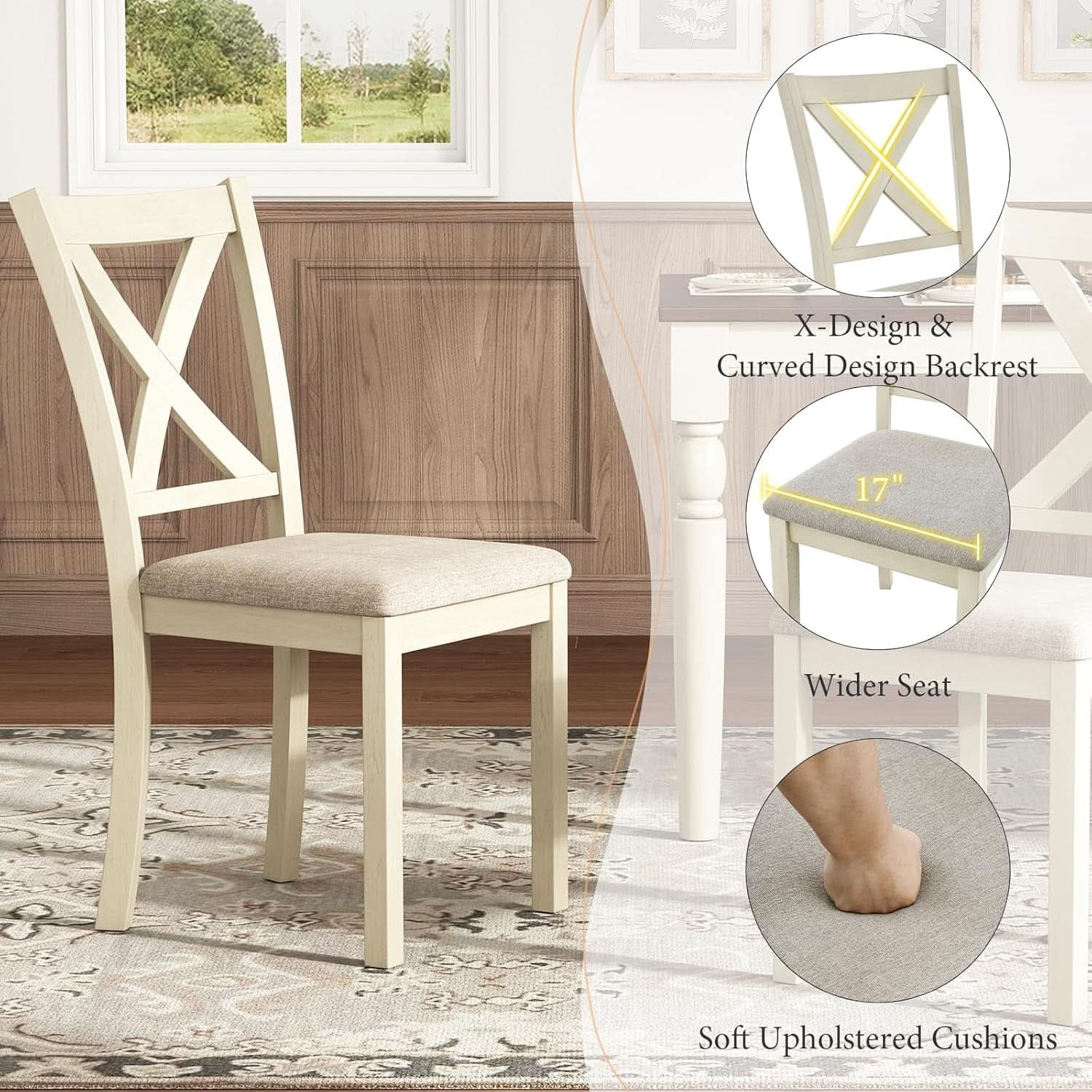 Juego de Mesa de Comedor de Madera Maciza de Nogal de Sesenta Pulgadas con Sillas Tapizadas