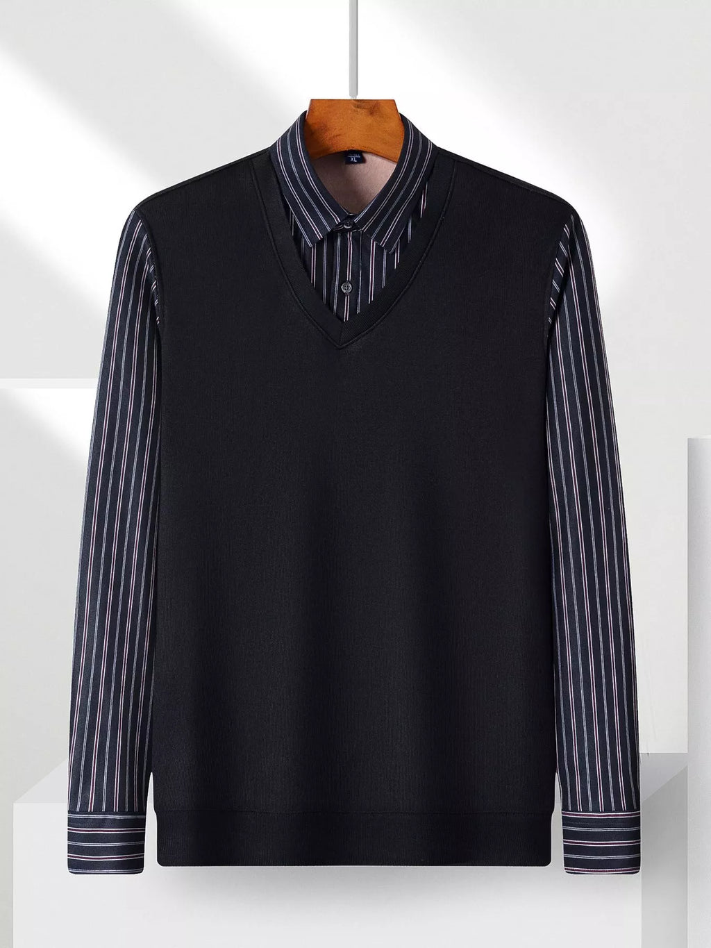 Men's Plus Size Striped Long Sleeve Fake Two-Piece Knit Top