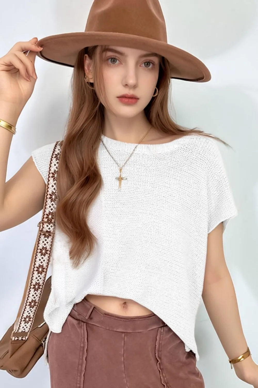 Side Slit Round Neck Knit Top