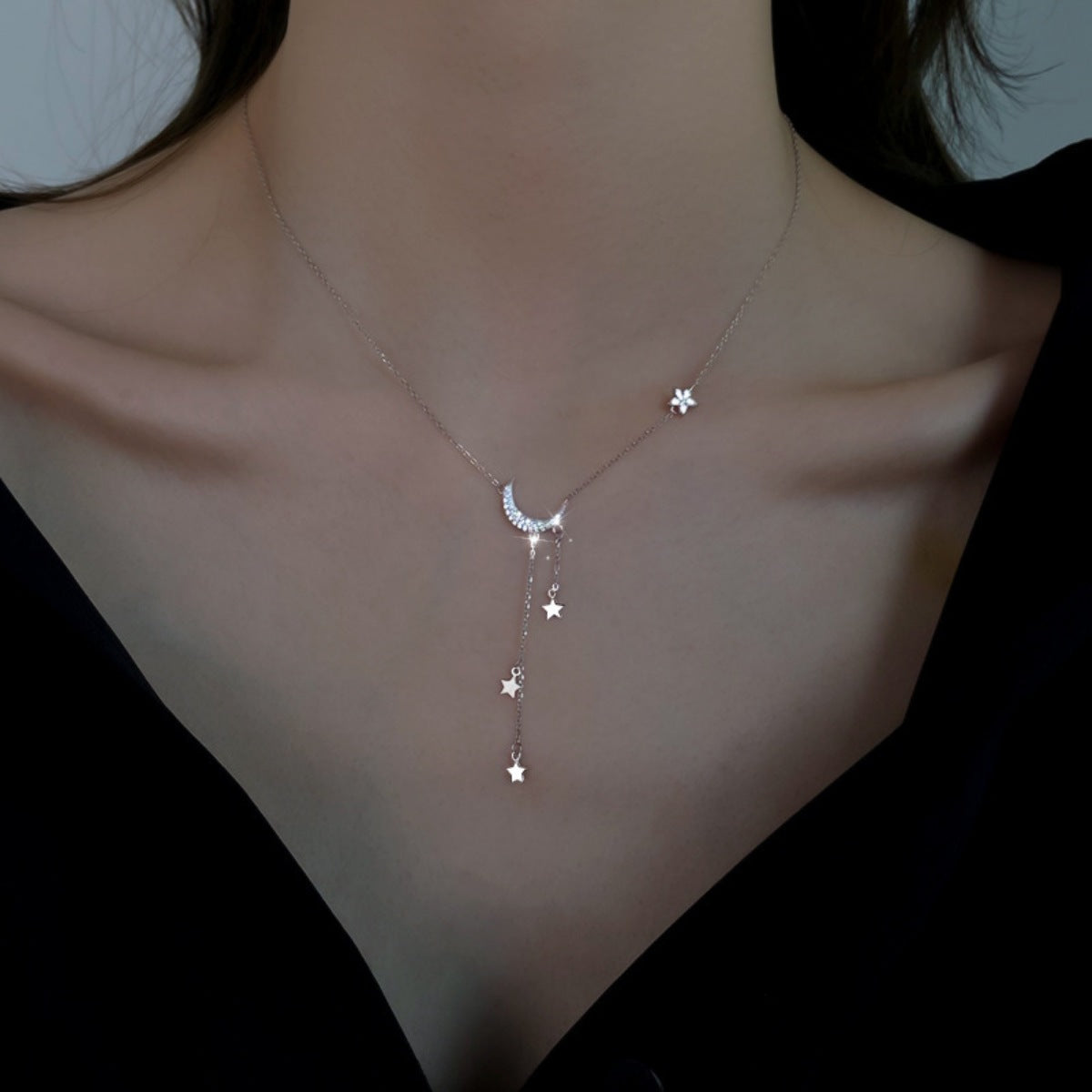 Collar de plata de ley 925 con estrella y luna