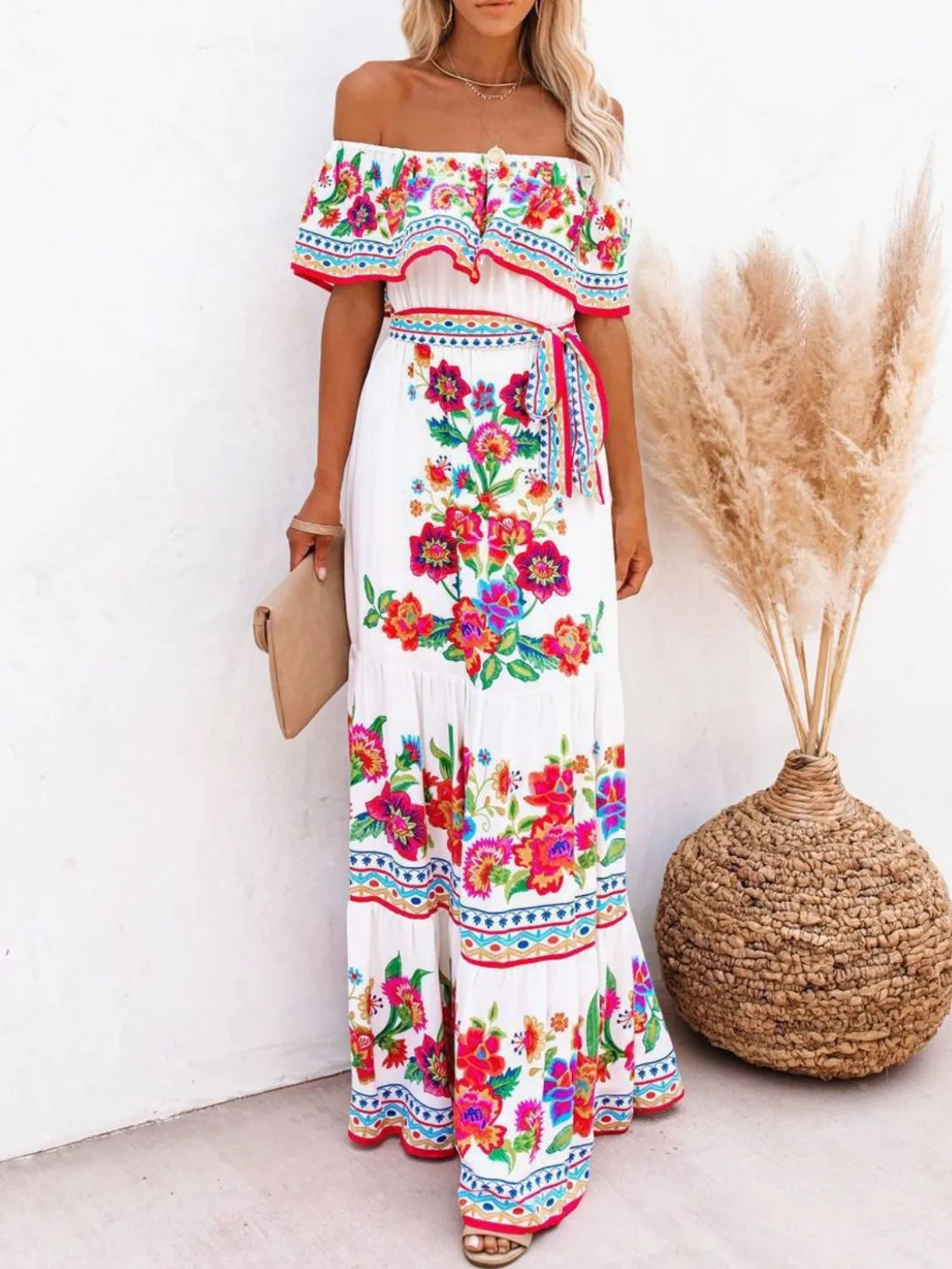 Floral Off Shoulder Ruffle Maxi Dress