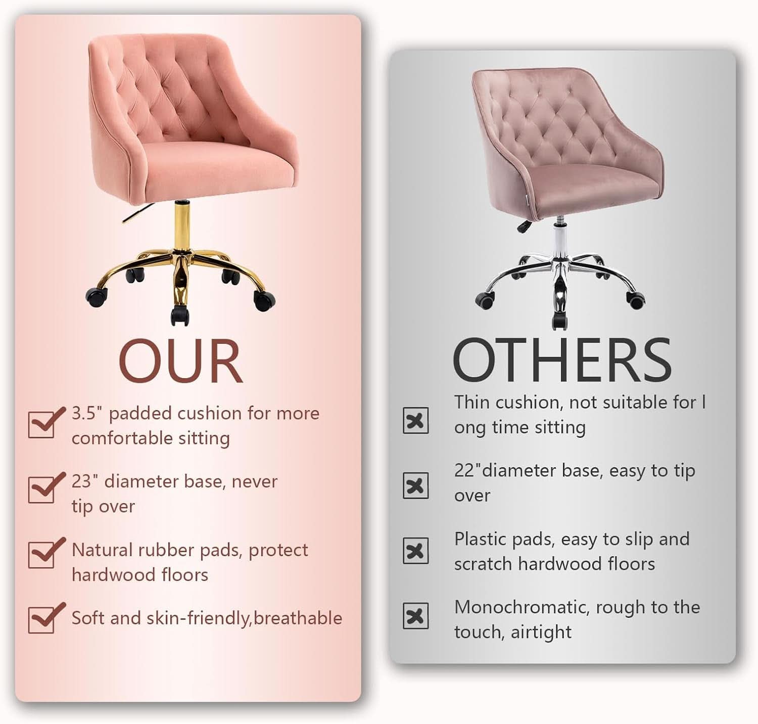 Pink Velvet Office Chair 360 Swivel Modern Desk Chair
