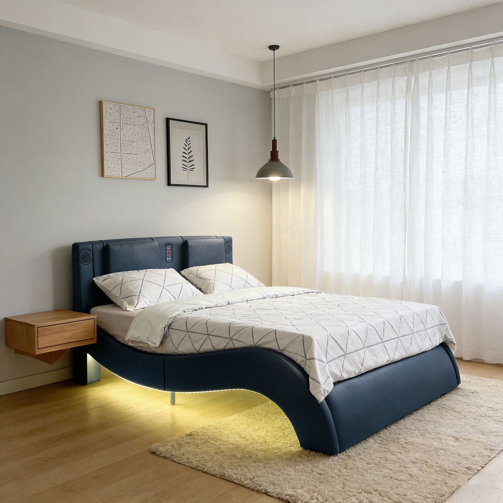 Platform Bed Frame With LED Lighting, Bluetooth Music, Vibration Massage