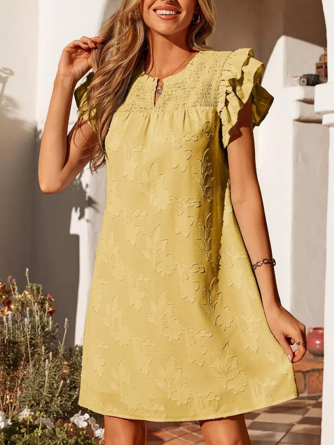 Floral Embossed Ruffle Sleeve Mini Dress