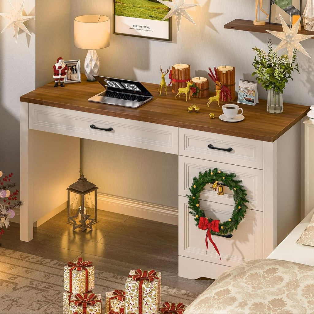 White Farmhouse Executive Desk With Storage And File Drawer