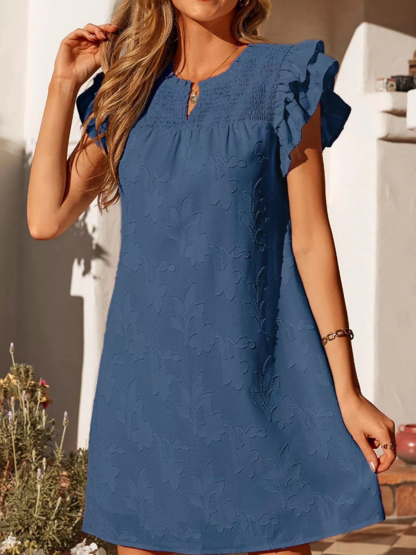 Floral Embossed Ruffle Sleeve Mini Dress