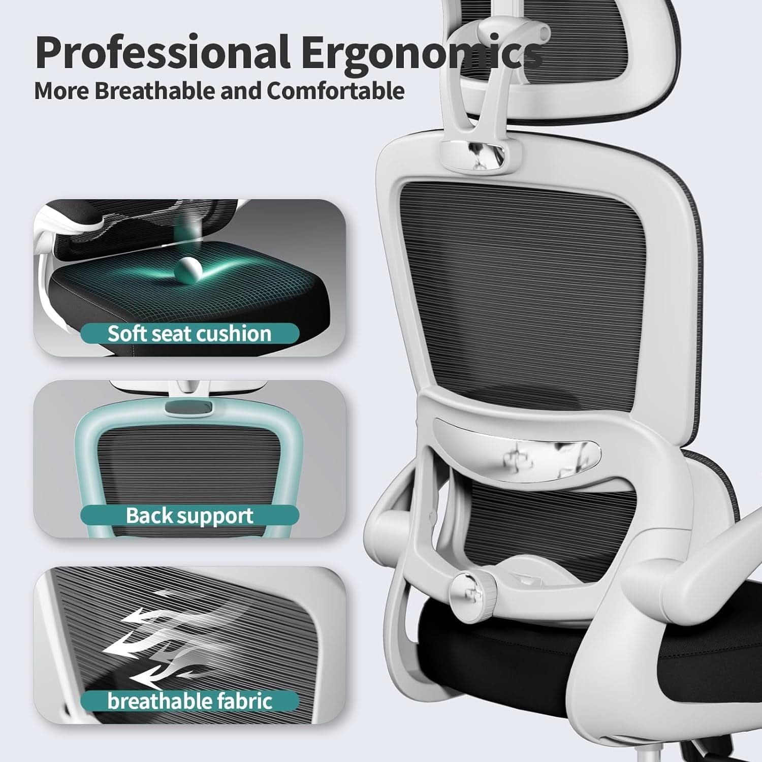 Silla de oficina ergonómica de malla con respaldo alto y ruedas, negra