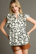 Umgee Full Size Two Tone Animal Print Notched Ruffle Cap Sleeve Blouse Plus Size