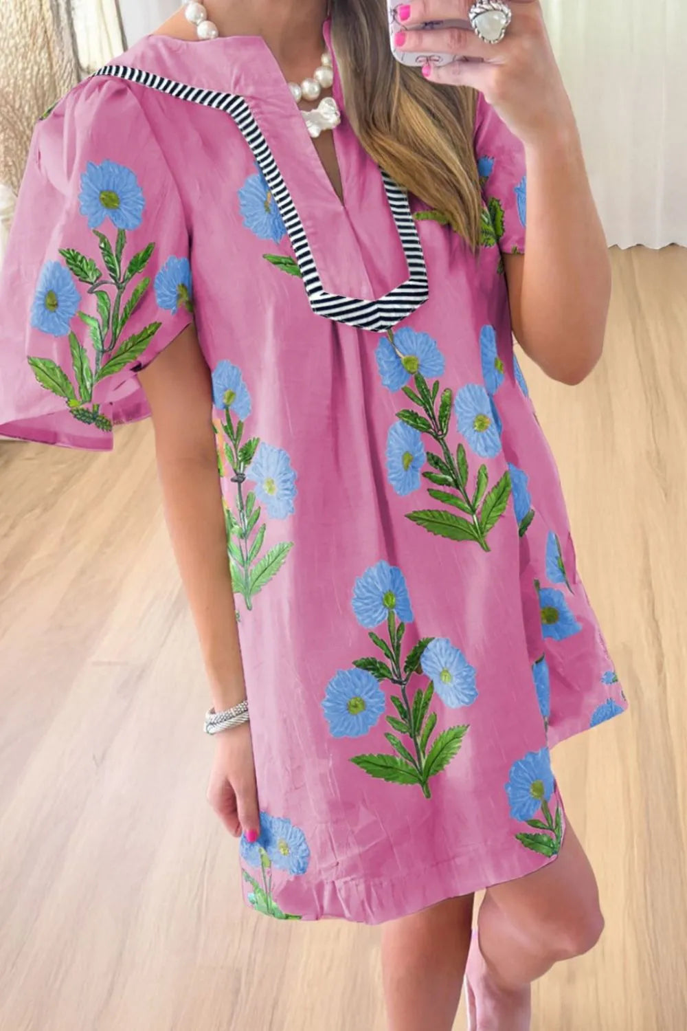 Floral Notched Summer Mini Dress with Striped Trim