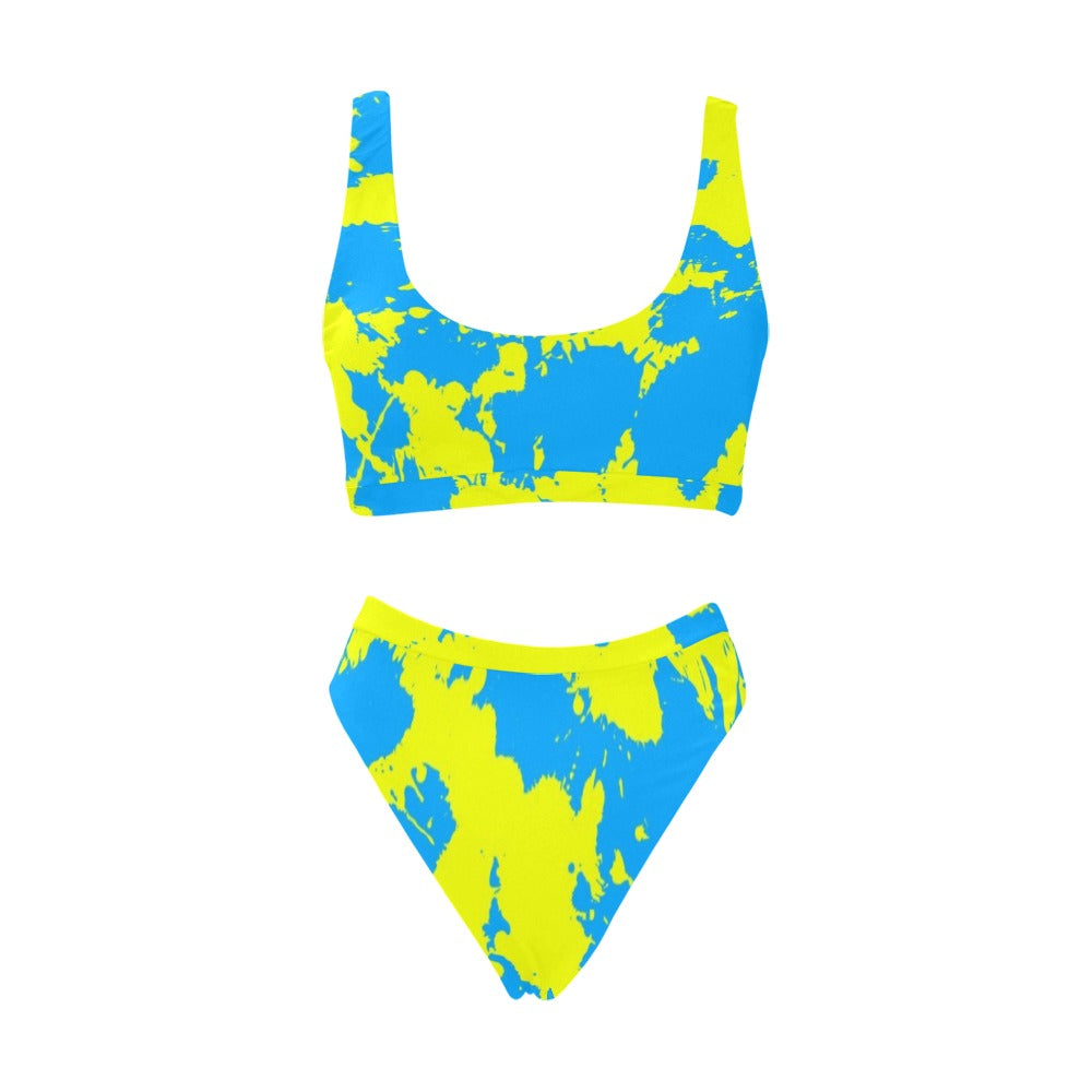 Conjunto de bikini/rave de top deportivo y tiro alto con salpicaduras de pintura amarilla y azul