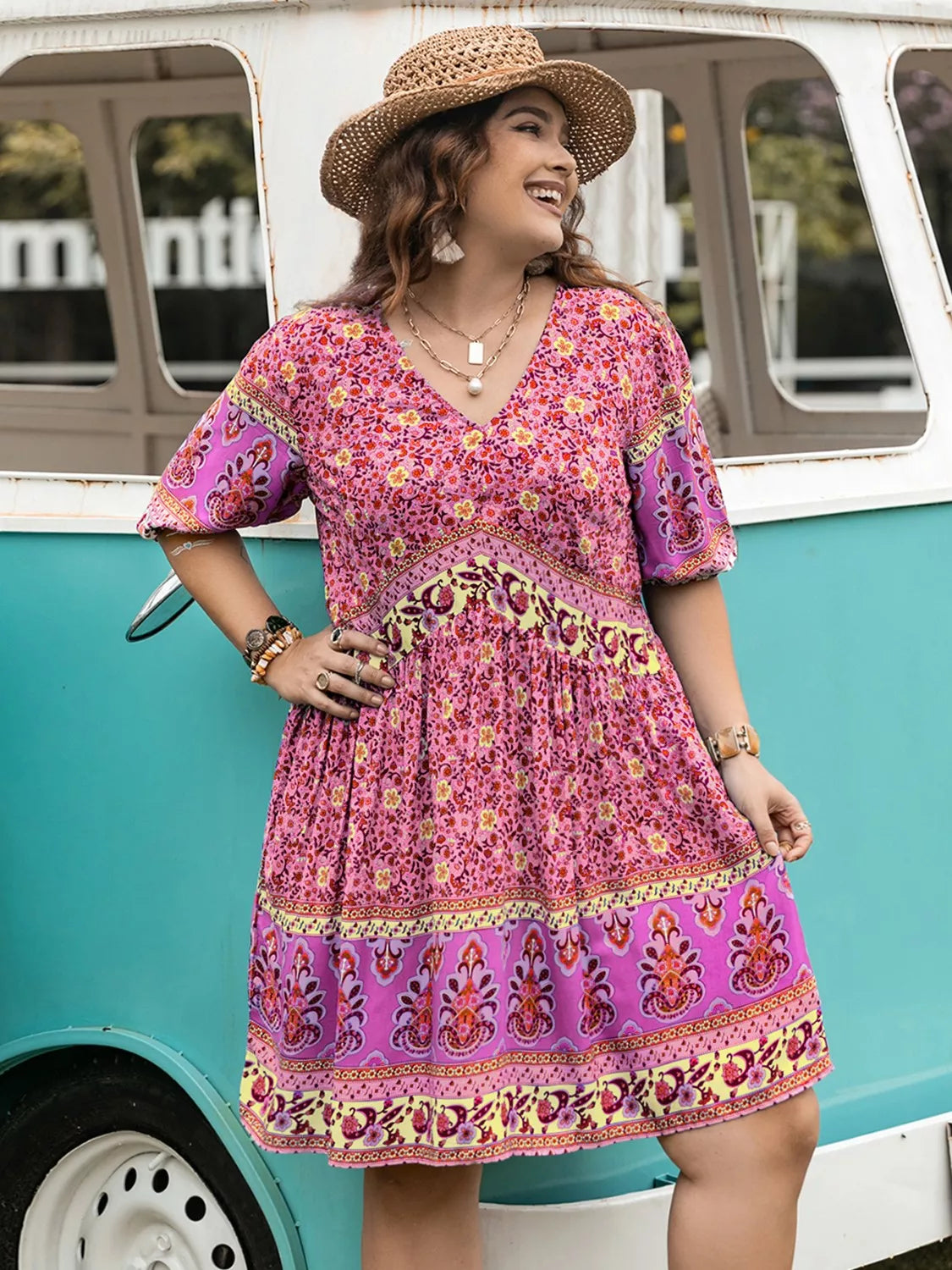 Plus Size Floral V-Neck Mini Dress