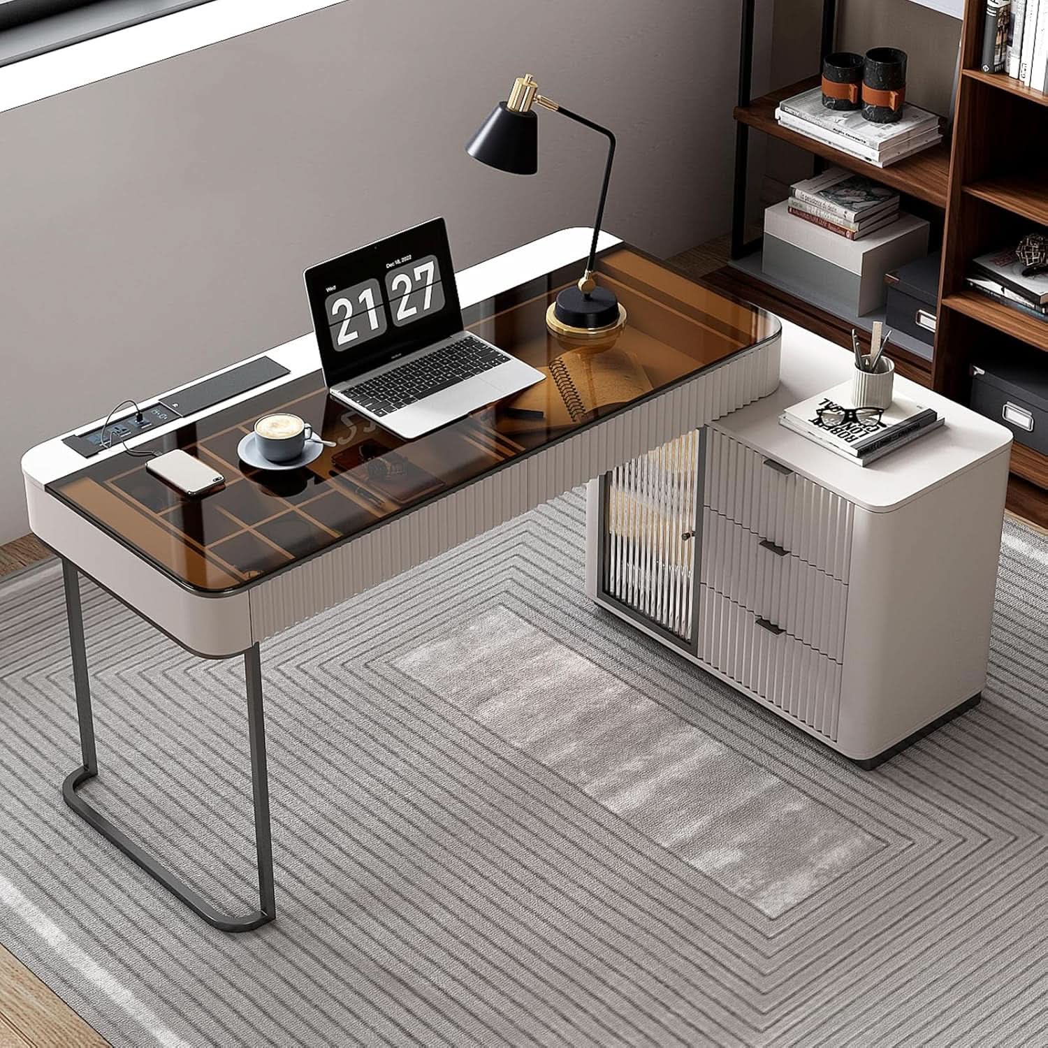 Ivory 50 Inch Office Computer Desk With Cabinet LED lights