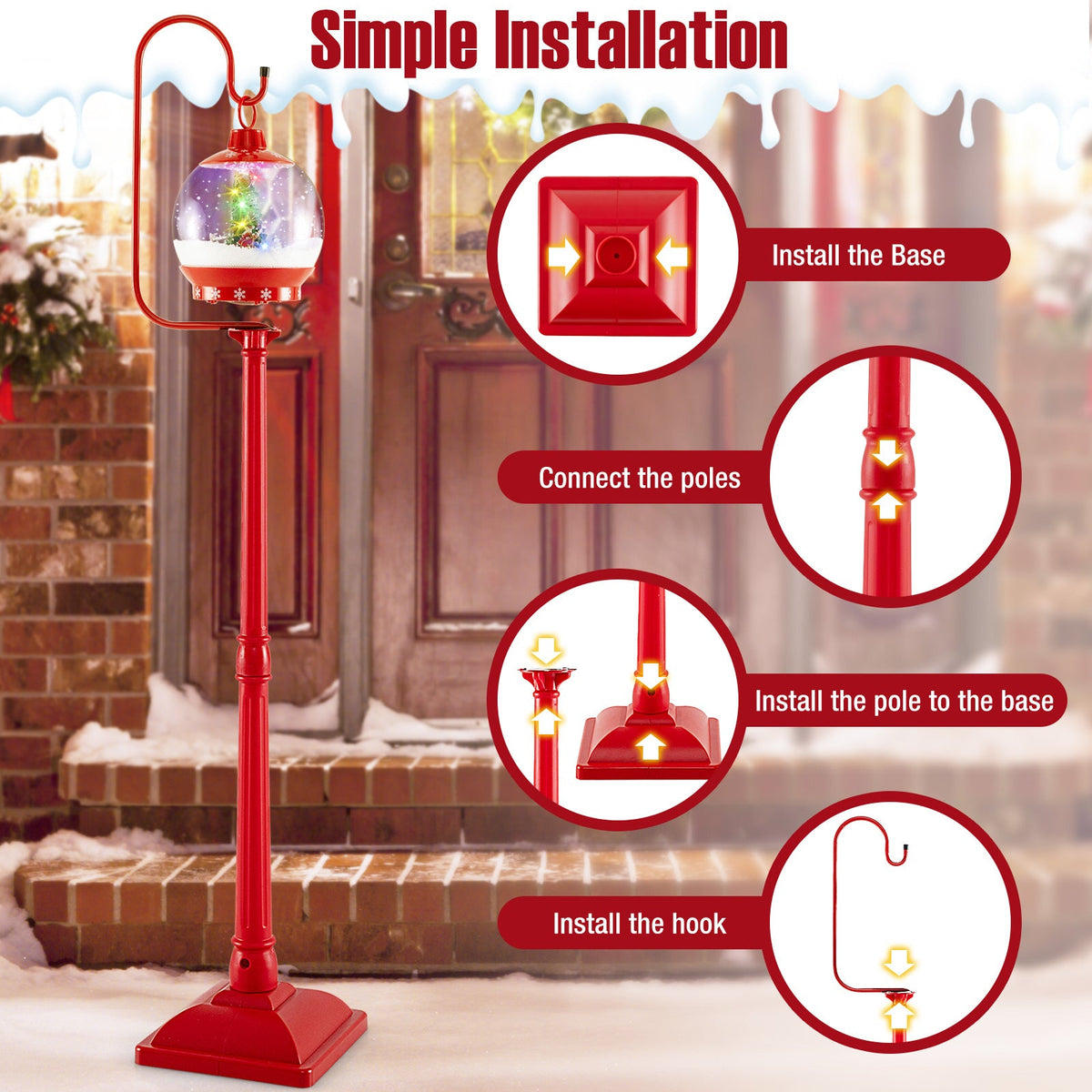 68 Inch Festive Musical Christmas Street Lamp Post with Snow Globe Lantern-Red