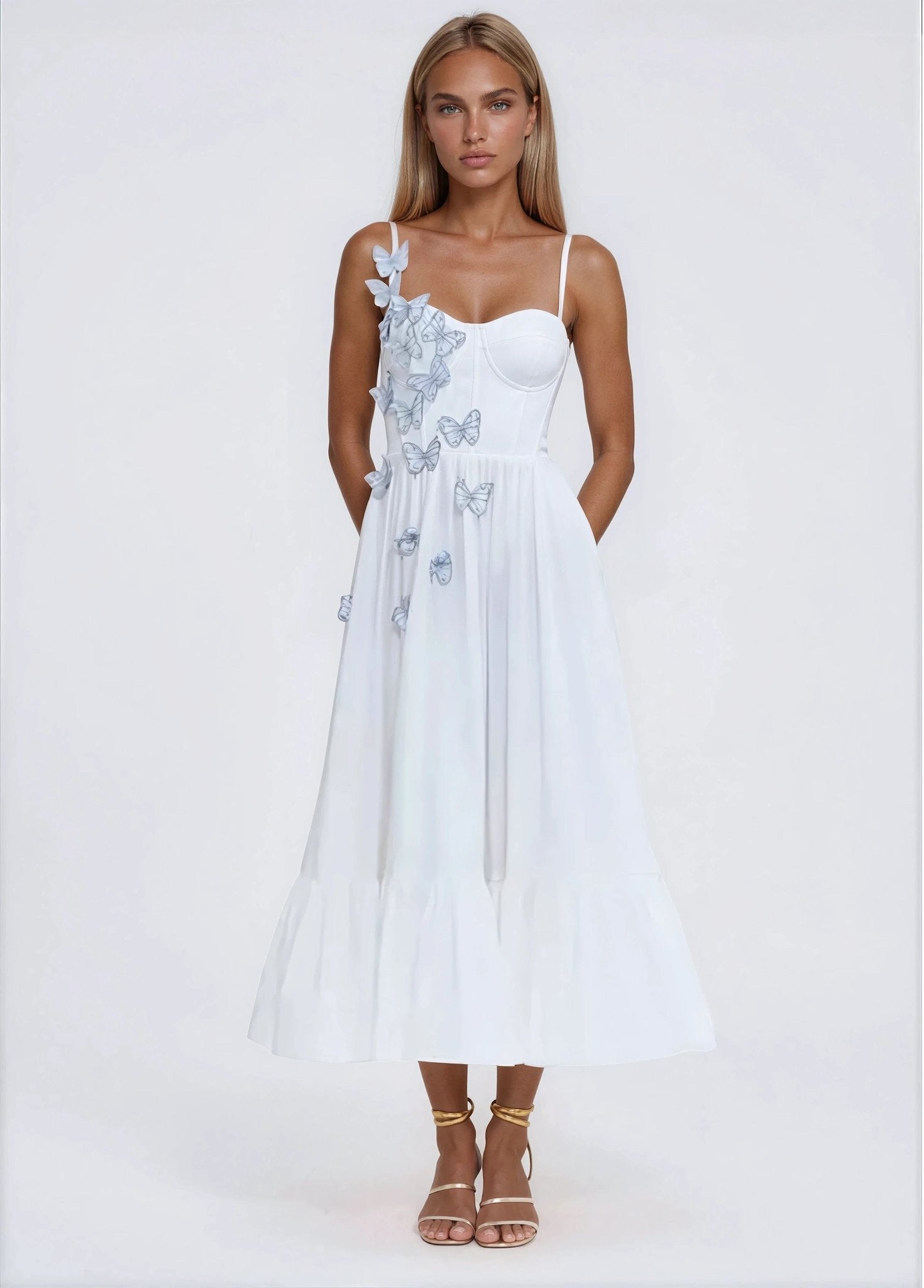 Flutter Poplin Butterfly Midi Dress – Off White