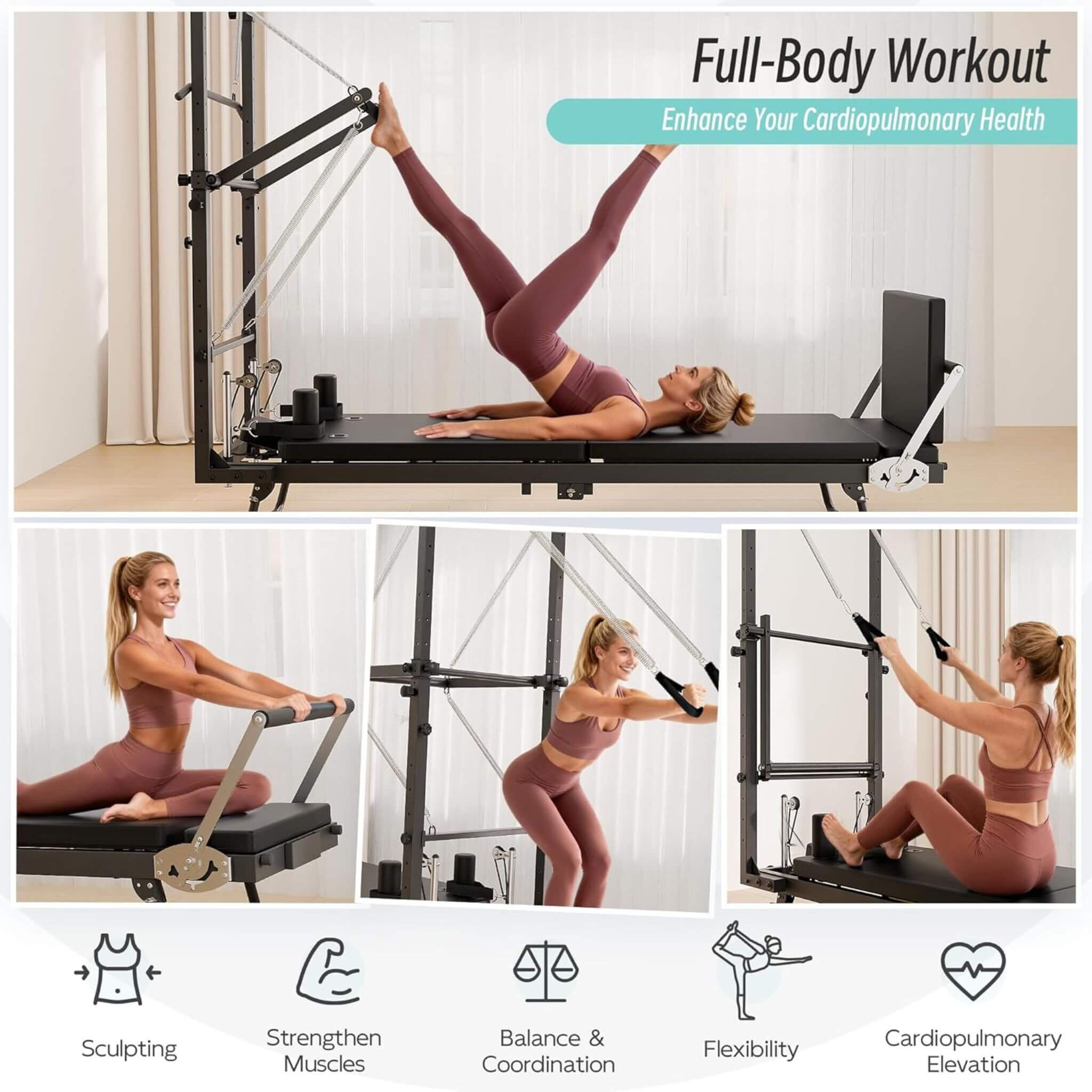 Máquina Reformer de Pilates Plegable con Resistencia Dual y Torre Core Pilates (SAK96041)
