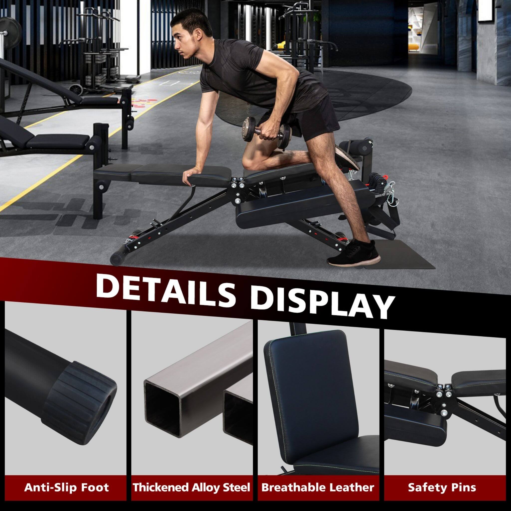 Banco de pesas multifuncional plegable Rovix para entrenamientos de cuerpo completo con bandas de resistencia, reposapiés y extensor de piernas (SAK73642)