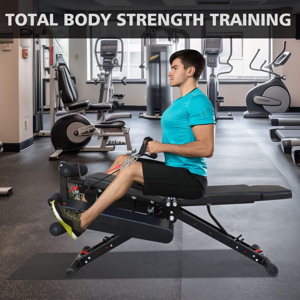 Banco de pesas multifuncional plegable Rovix para entrenamientos de cuerpo completo con bandas de resistencia, reposapiés y extensor de piernas (SAK73642)