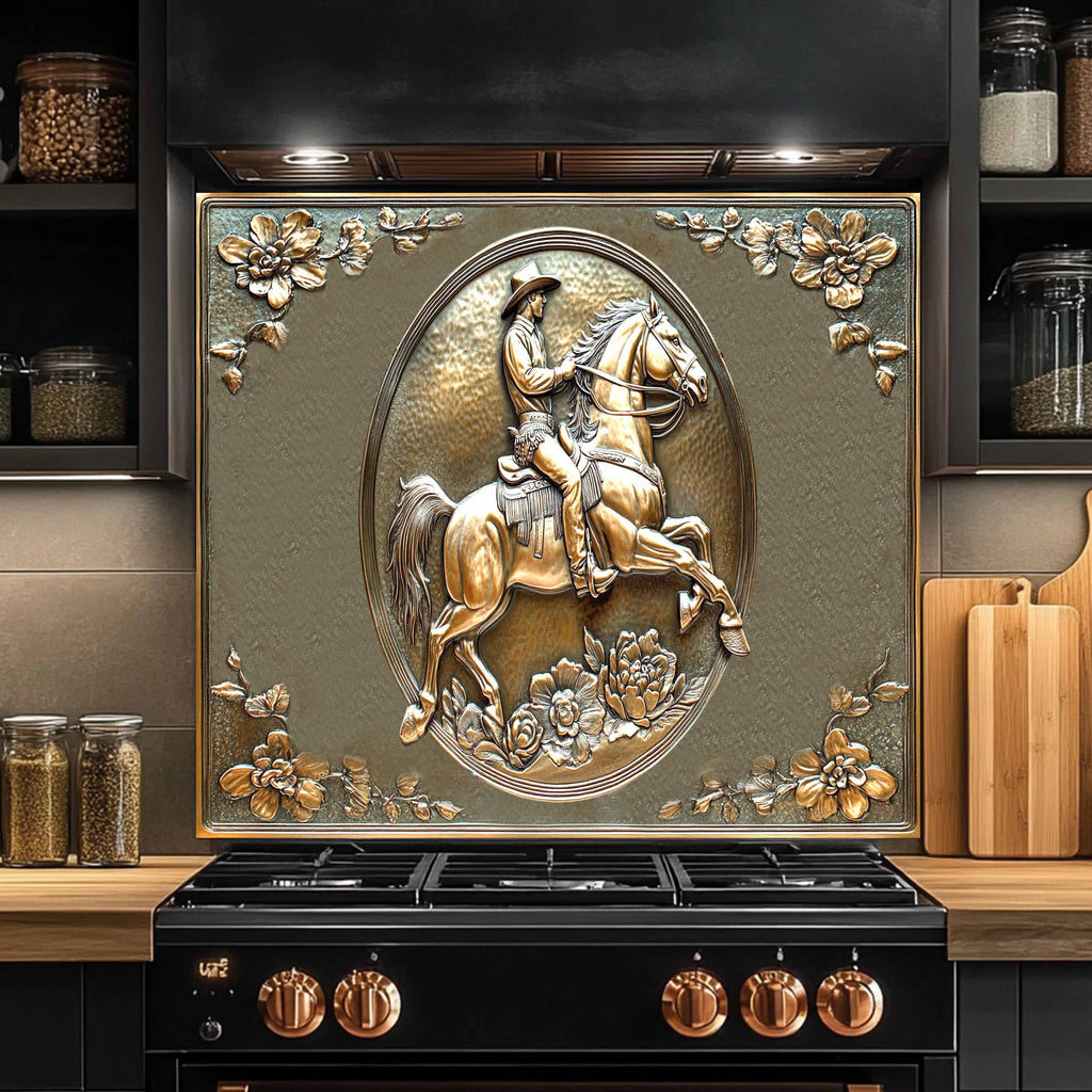 Salpicadura de vidrio templado Cobre Rider – Salpicadero de cocina vaquero del oeste