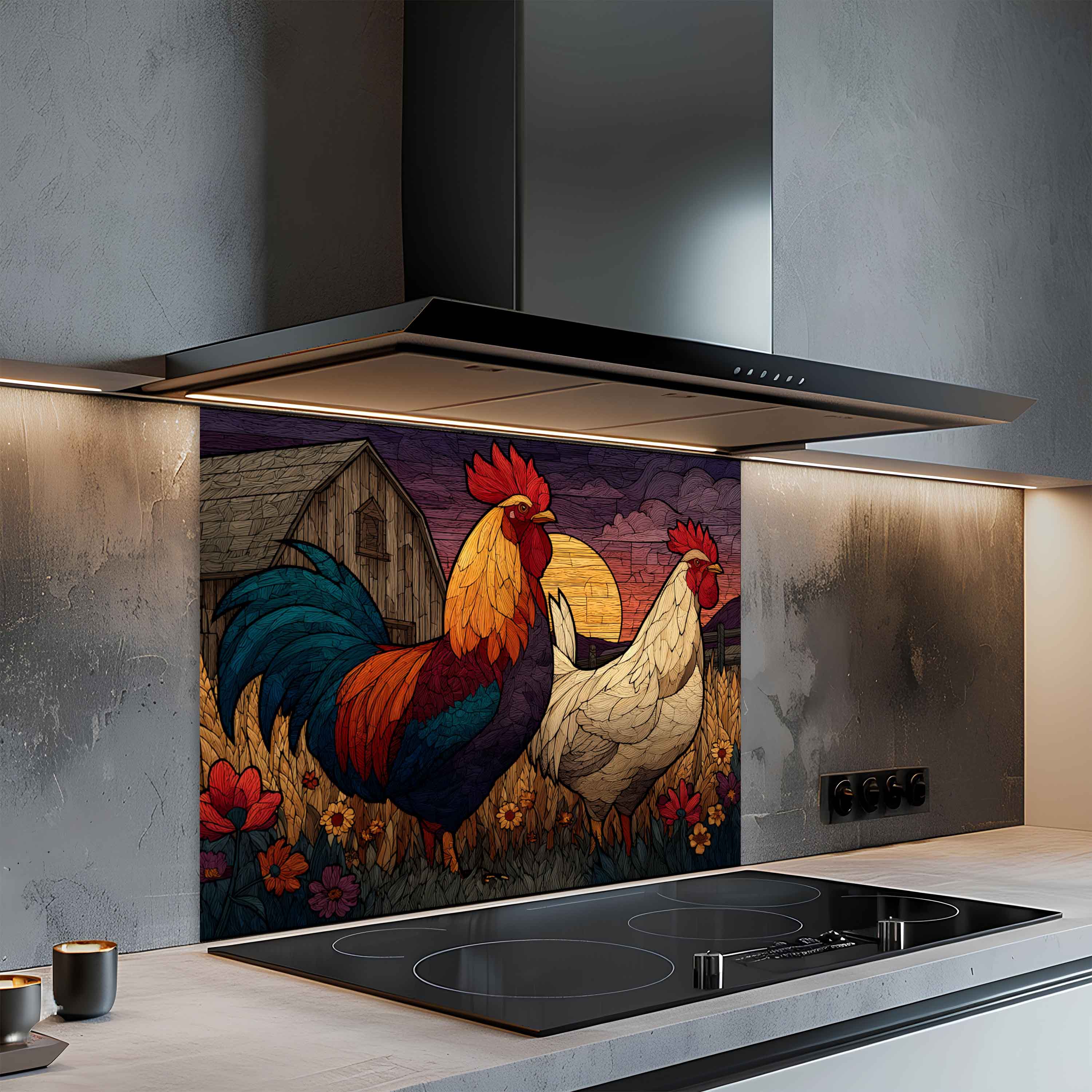 Salpicadero de Vidrio Templado para Cocina | Diseño de Escena de Granja de Gallo y Gallina Rústicos