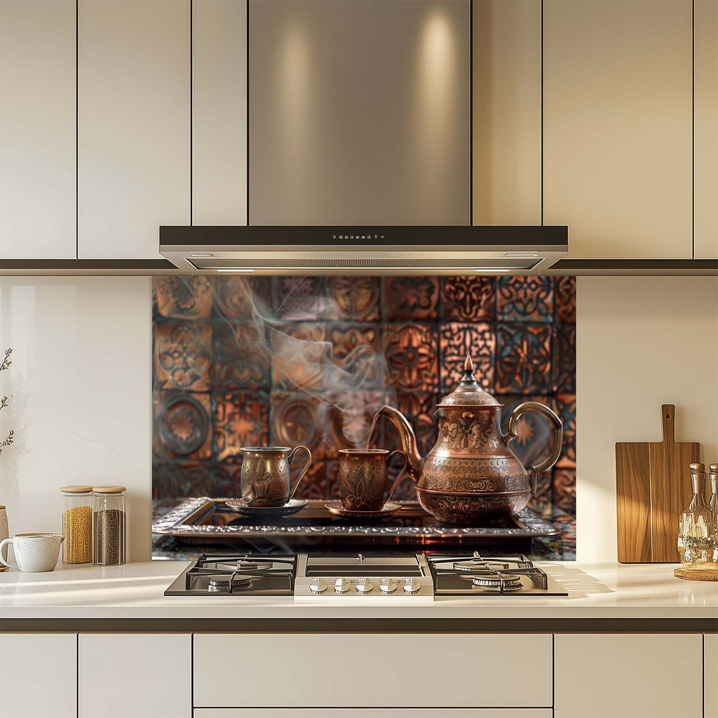 Copper Coffee Ritual – Tempered Glass Backsplash | Turkish Coffee Set Kitchen Backsplash