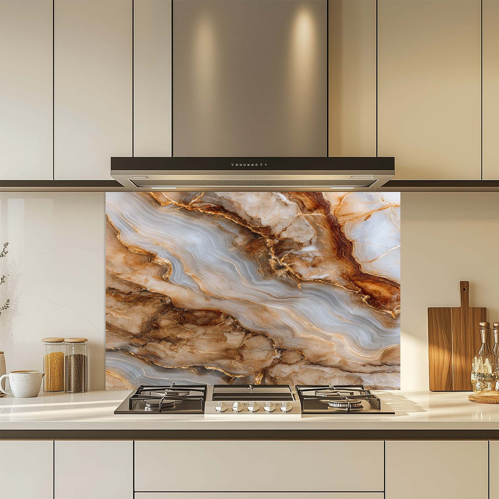 Onyx Gold – Salpicadero de cristal templado para cocina | Salpicadero con aspecto de mármol y ágata