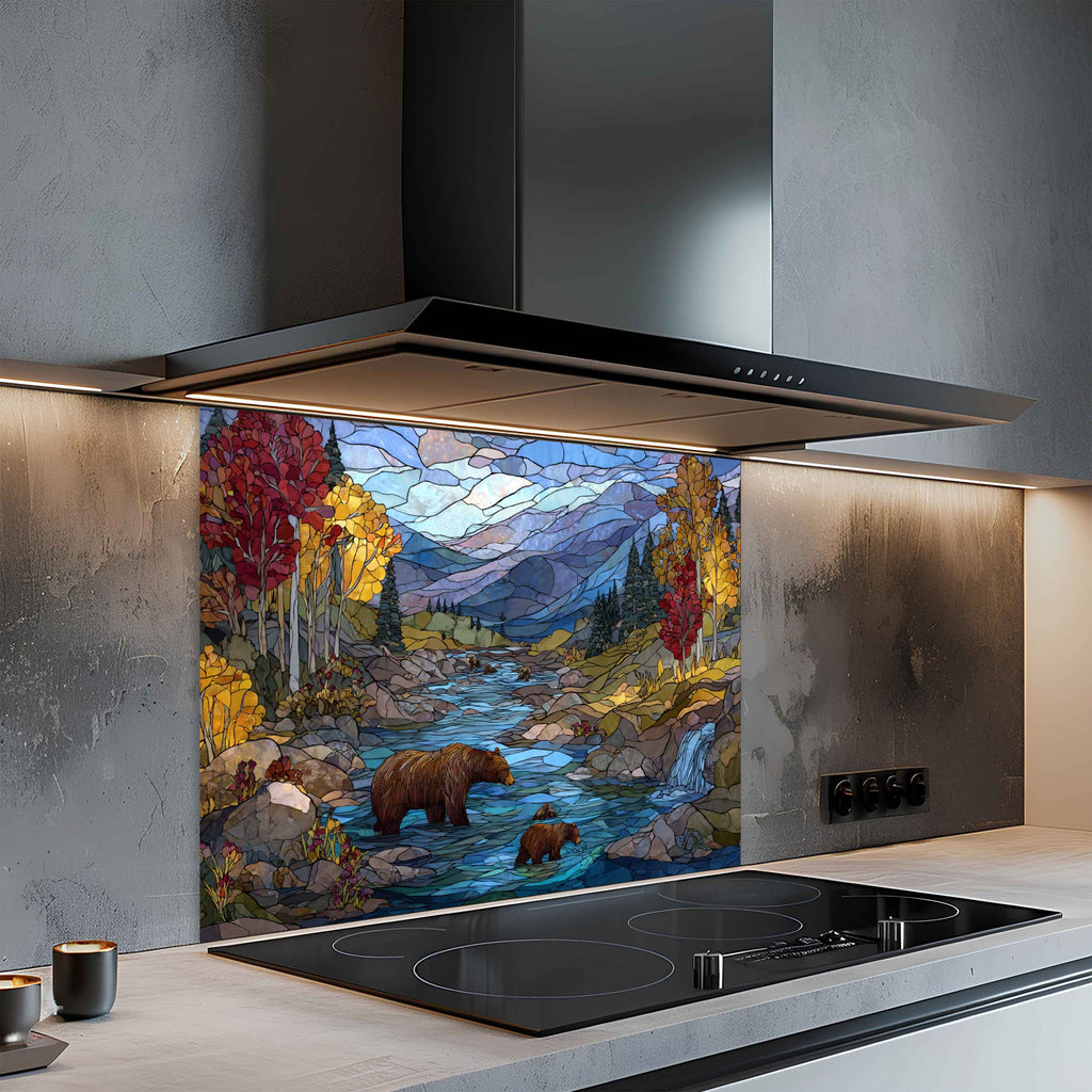 Autumn River – Tempered Glass Backsplash With Bear Family And Fall Trees