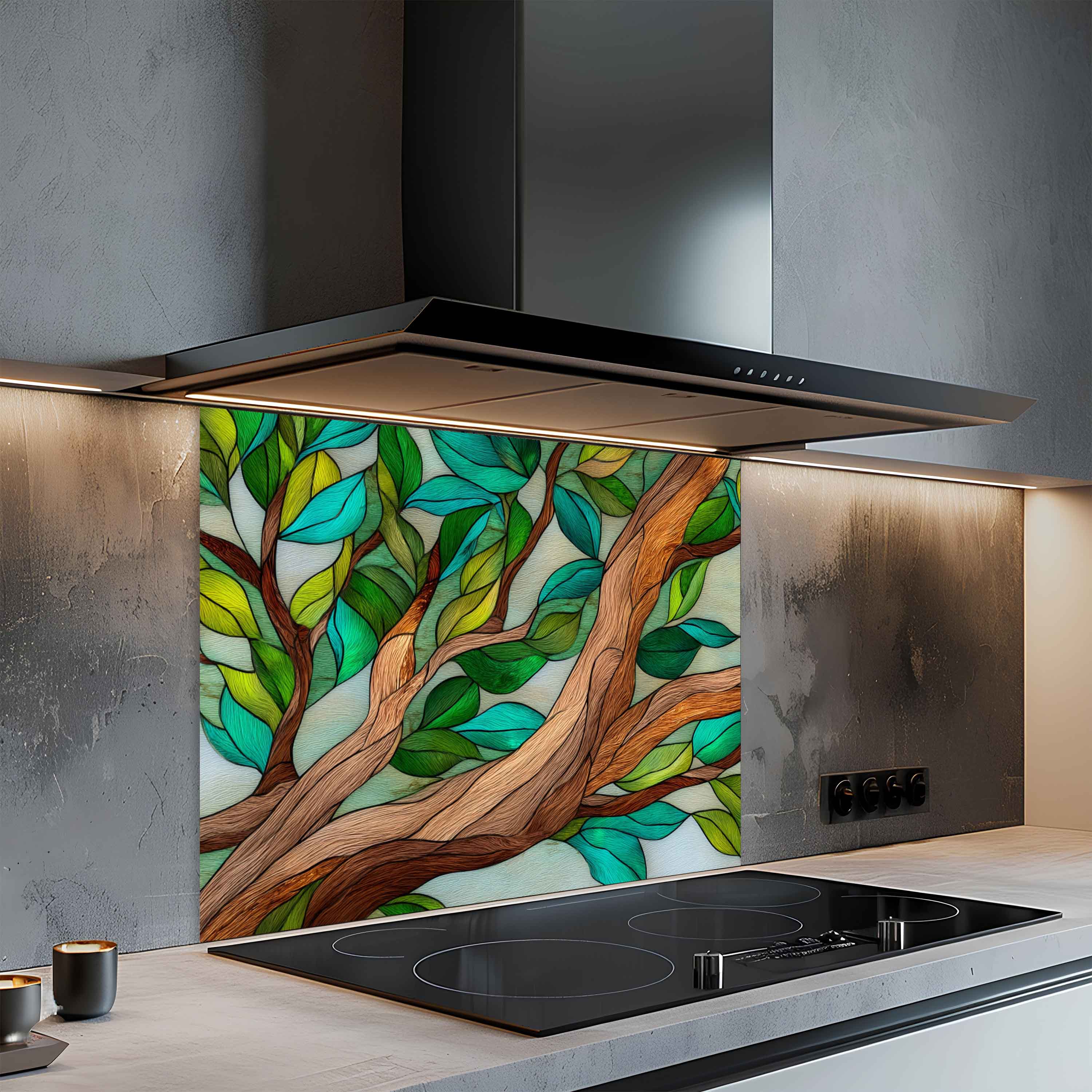 Abrazo Forestal – Protector contra Salpicaduras de Cristal Templado para Cocina | Vitral Inspirado en la Naturaleza