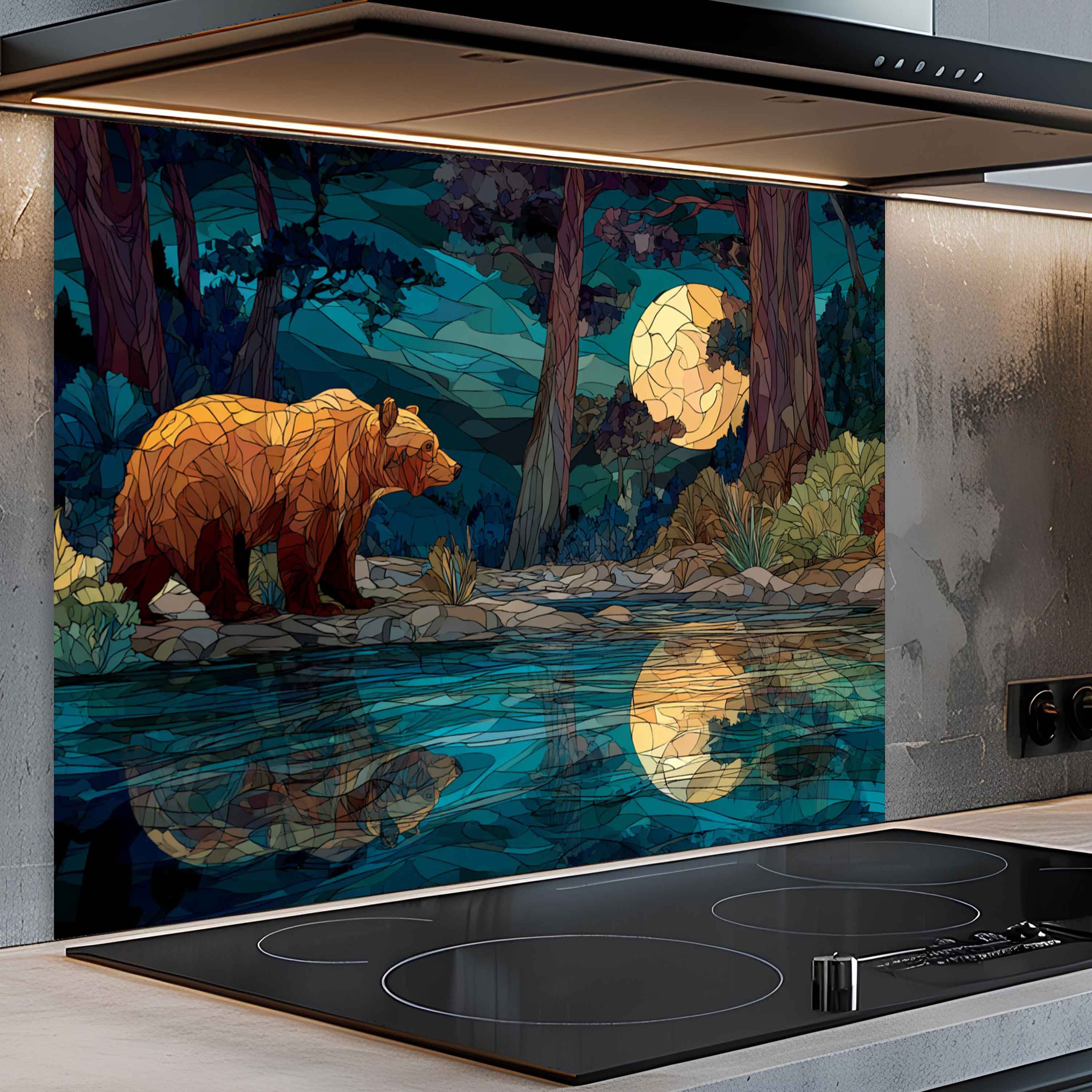 Moonlit Bear – Tempered Glass Backsplash For Forest Cabin Kitchen Style